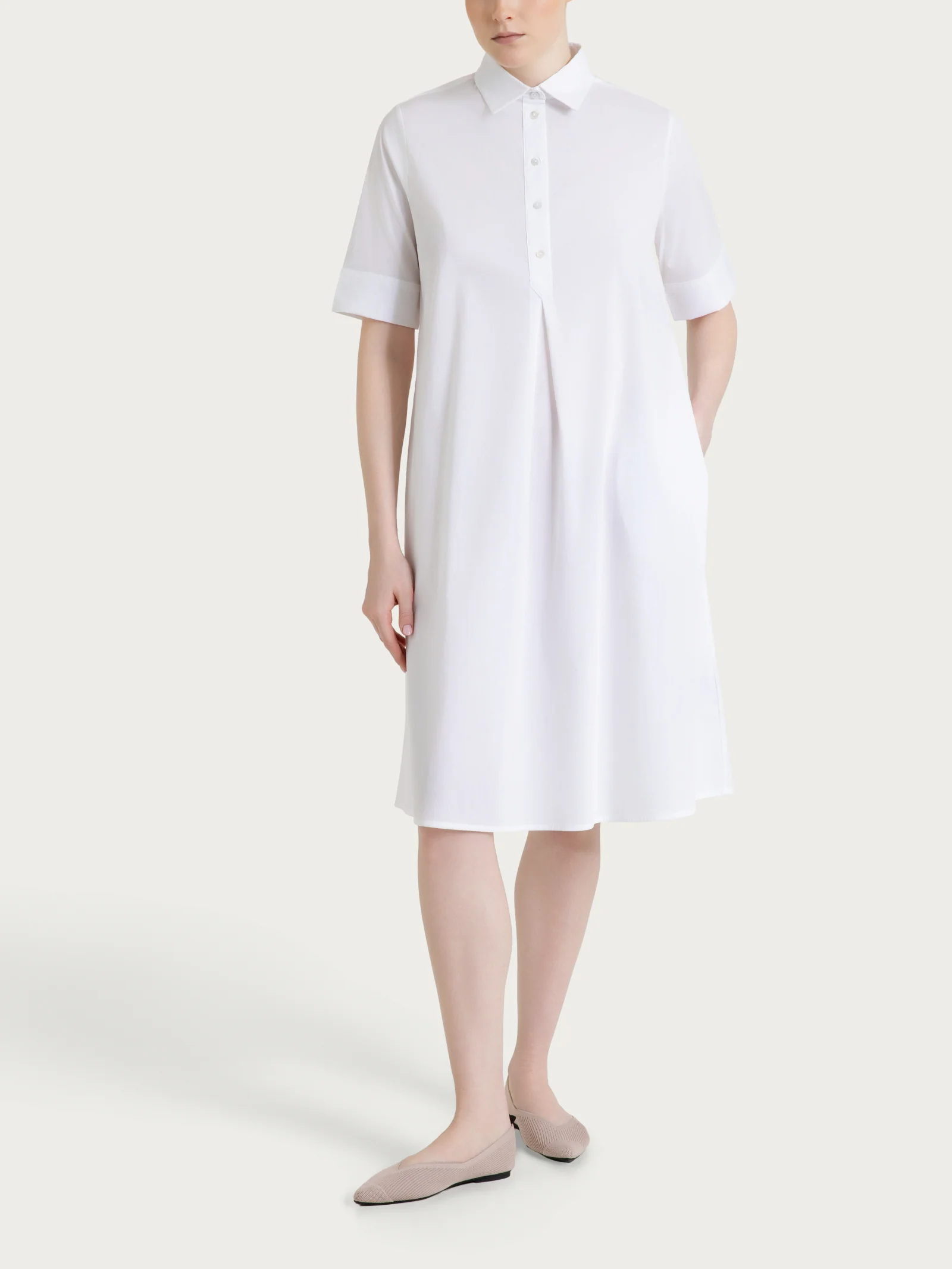Abito con collo a camicia in Poplin di Cotone - Bianco