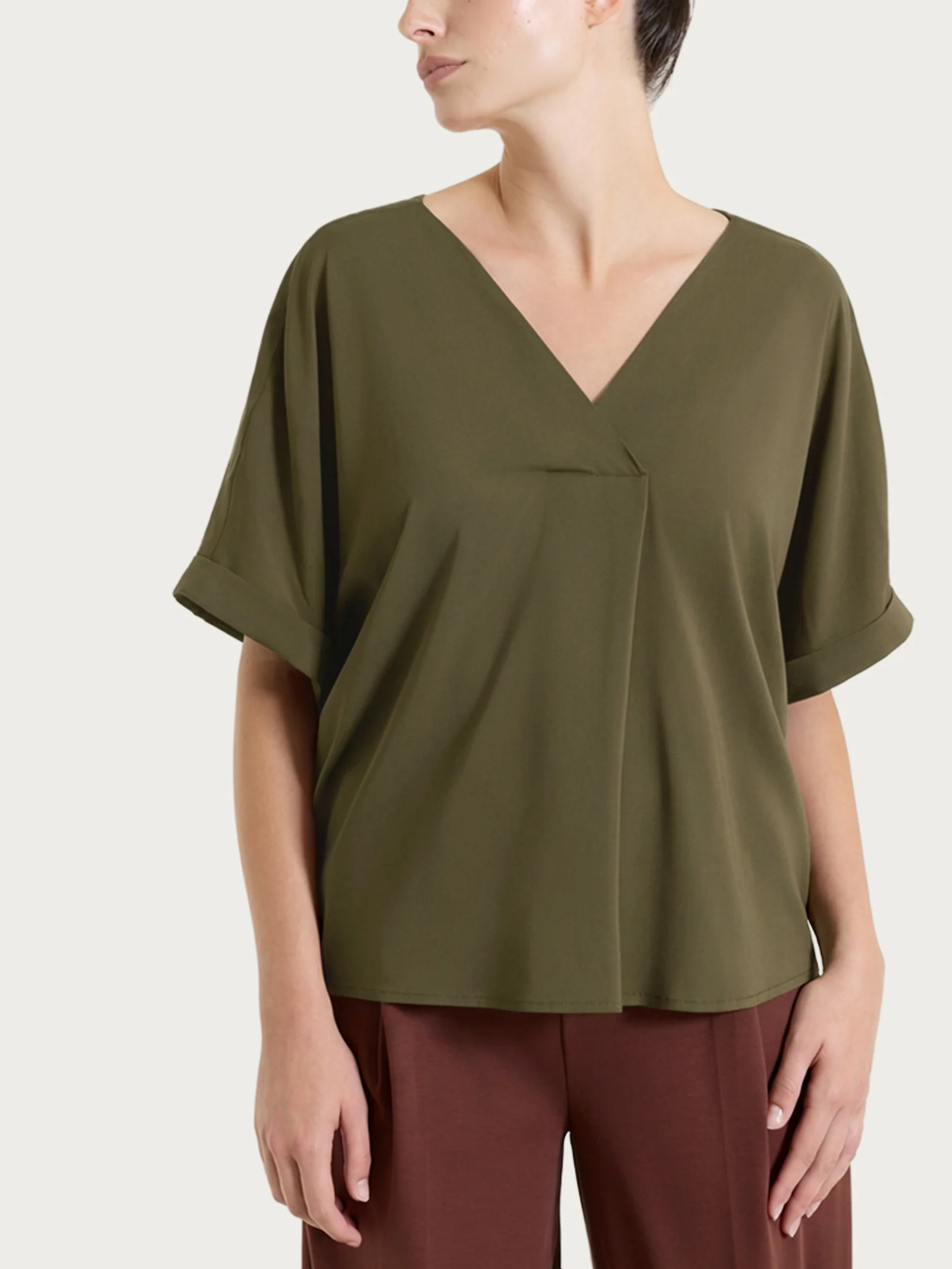 Blusa con manica kimono in Voile Stretch - Dark Olive