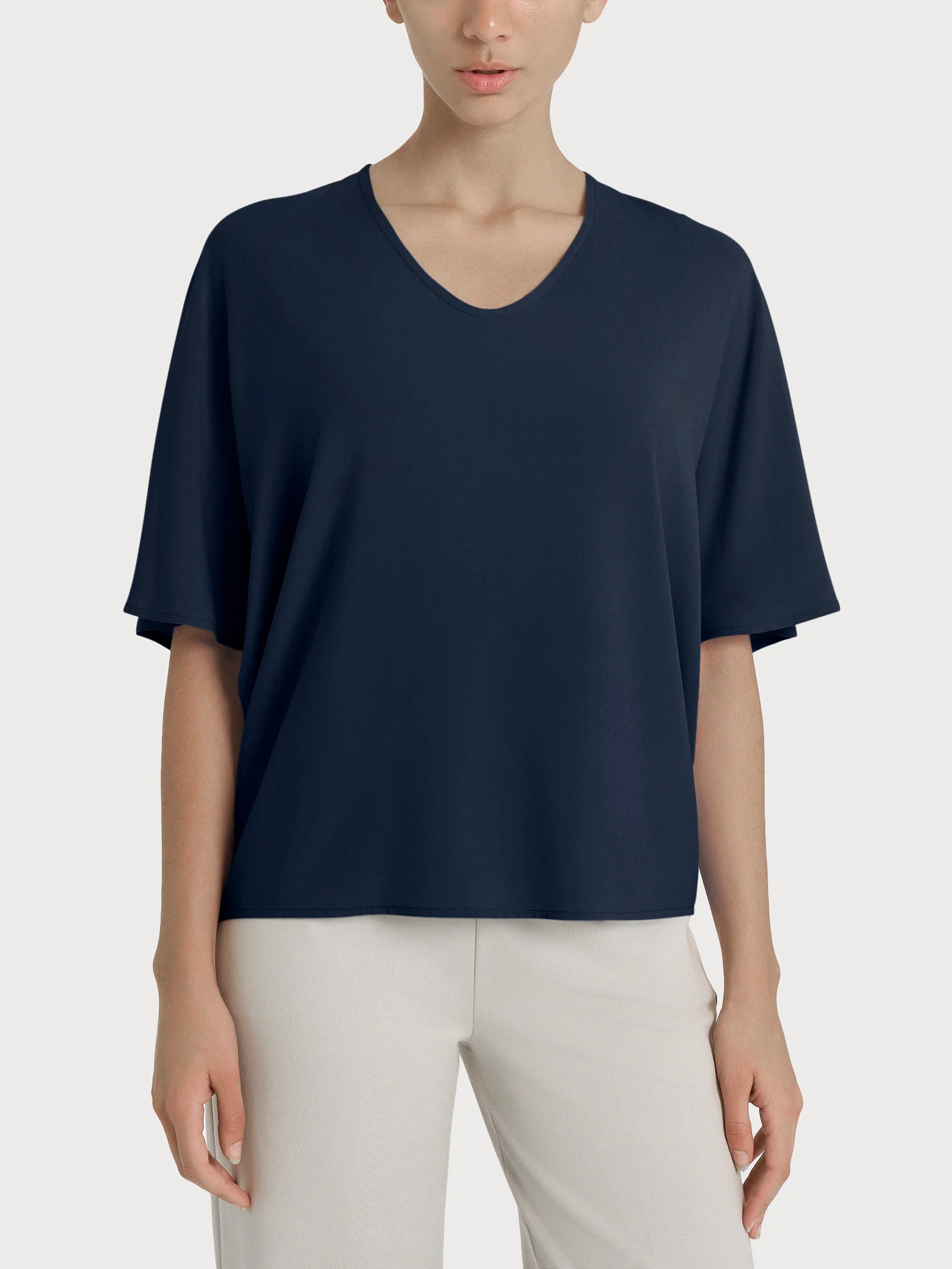 Blusa con scollo a V e manica al gomito in Ecoseta - Bleu