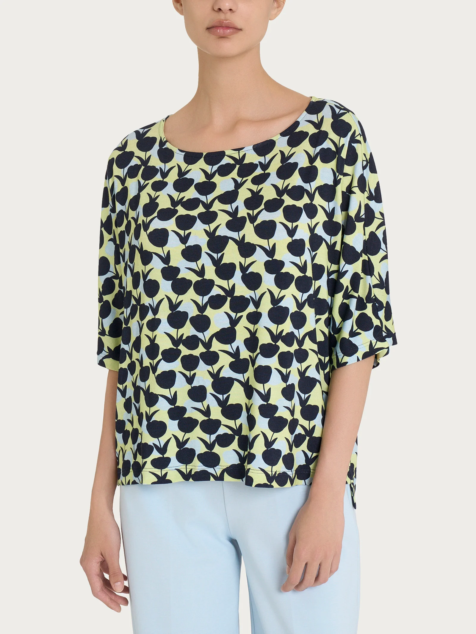 Blusa girocollo con tulips pattern in Viscosa Summer - Fant. Shadow Lime