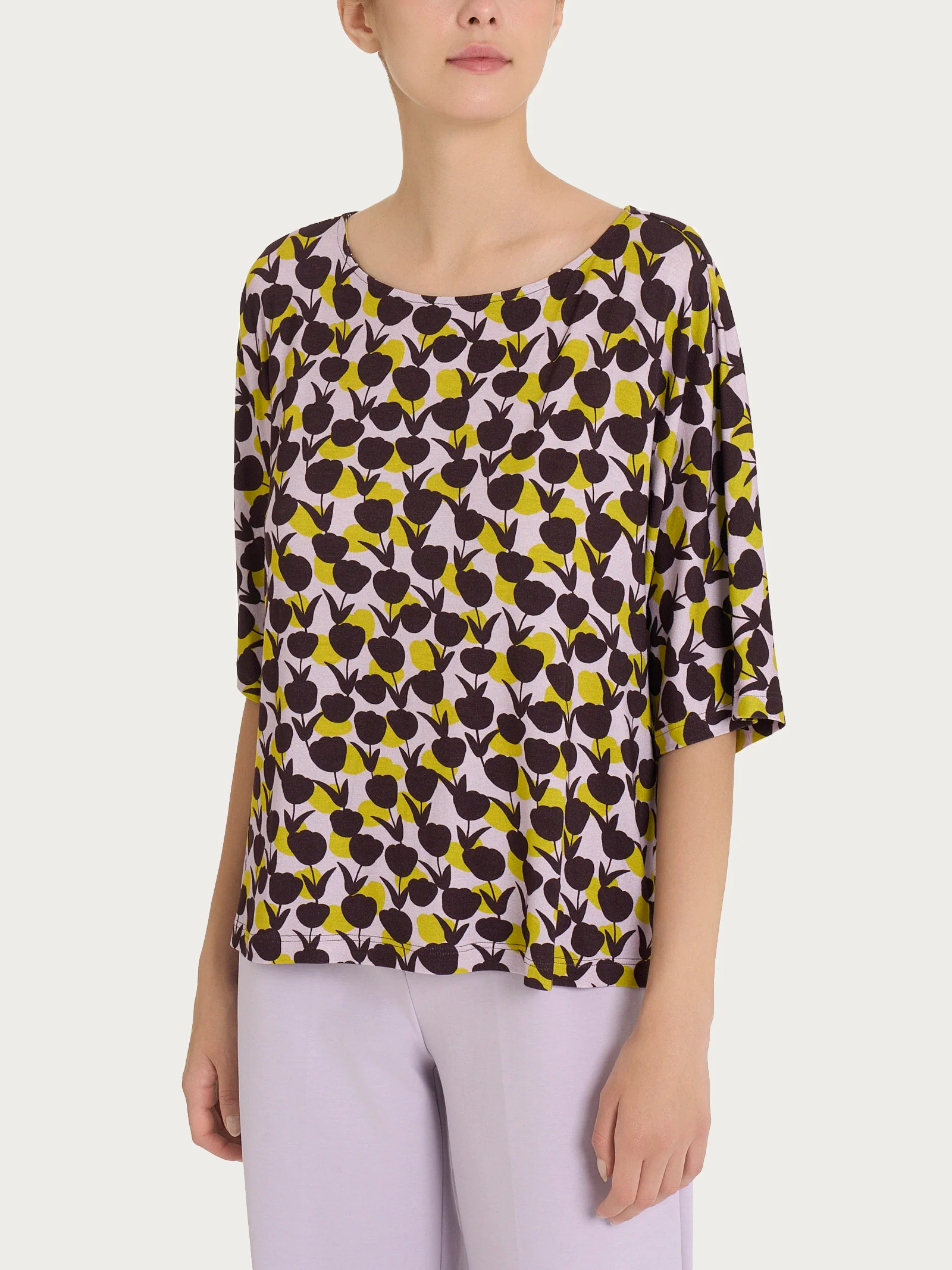 Blusa girocollo con tulips pattern in Viscosa Summer - Fant. Grenoble Green