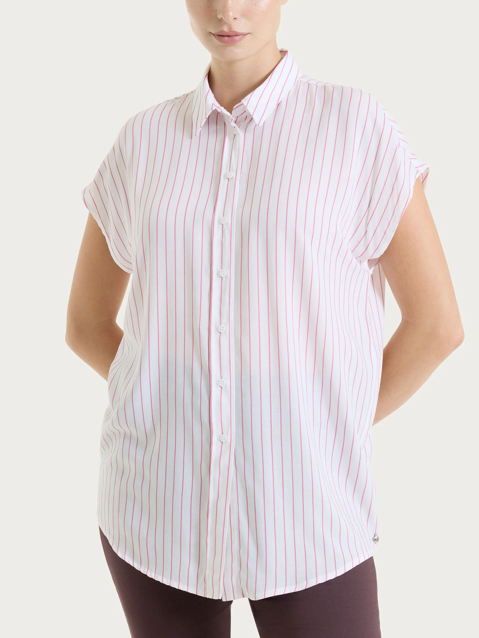 Camicia a righe con manica corta in Ecoseta - Fant. Cashmere Rose