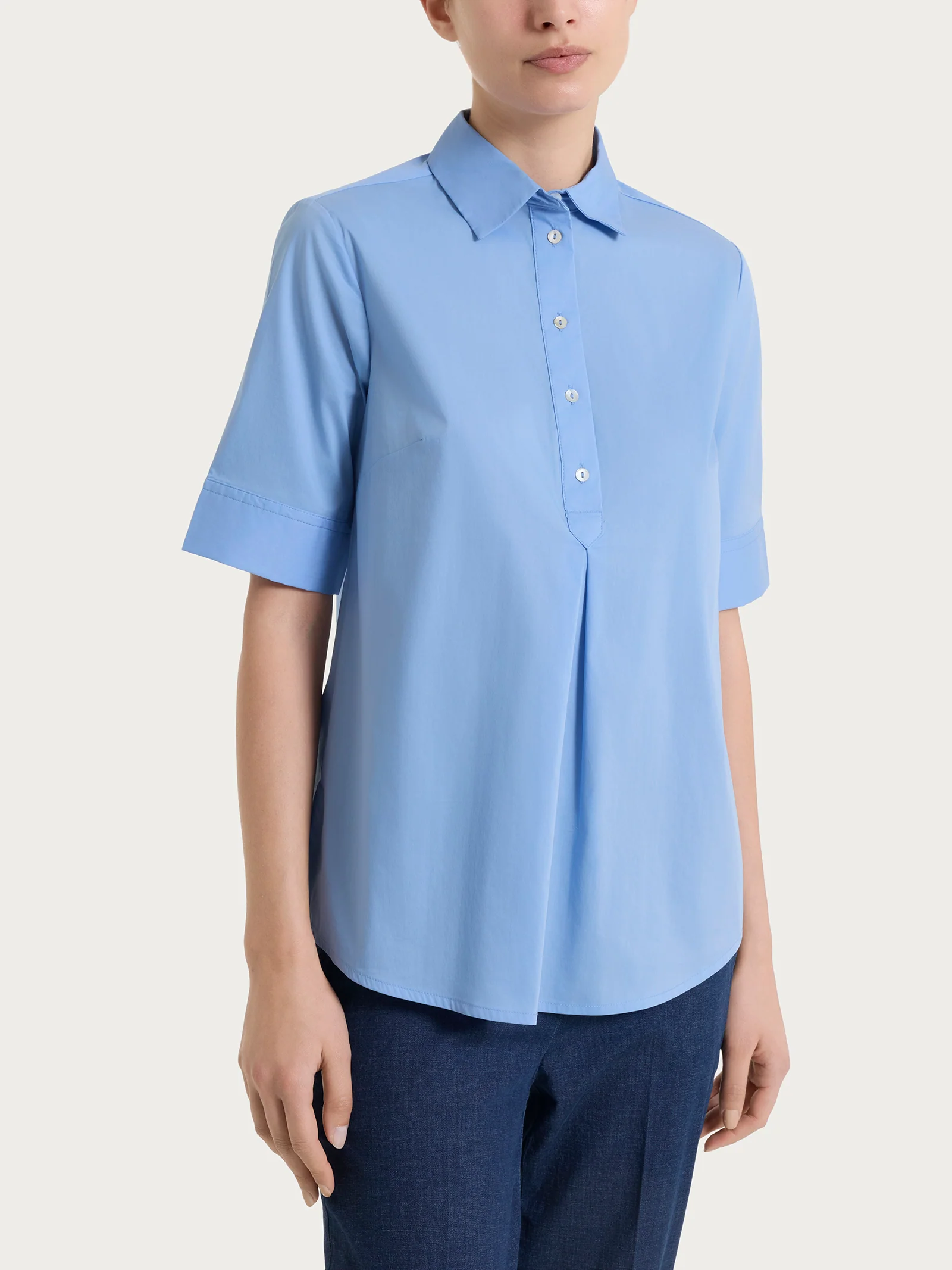 Camicia con collo a serafino in Poplin di cotone - Bel Air Blue