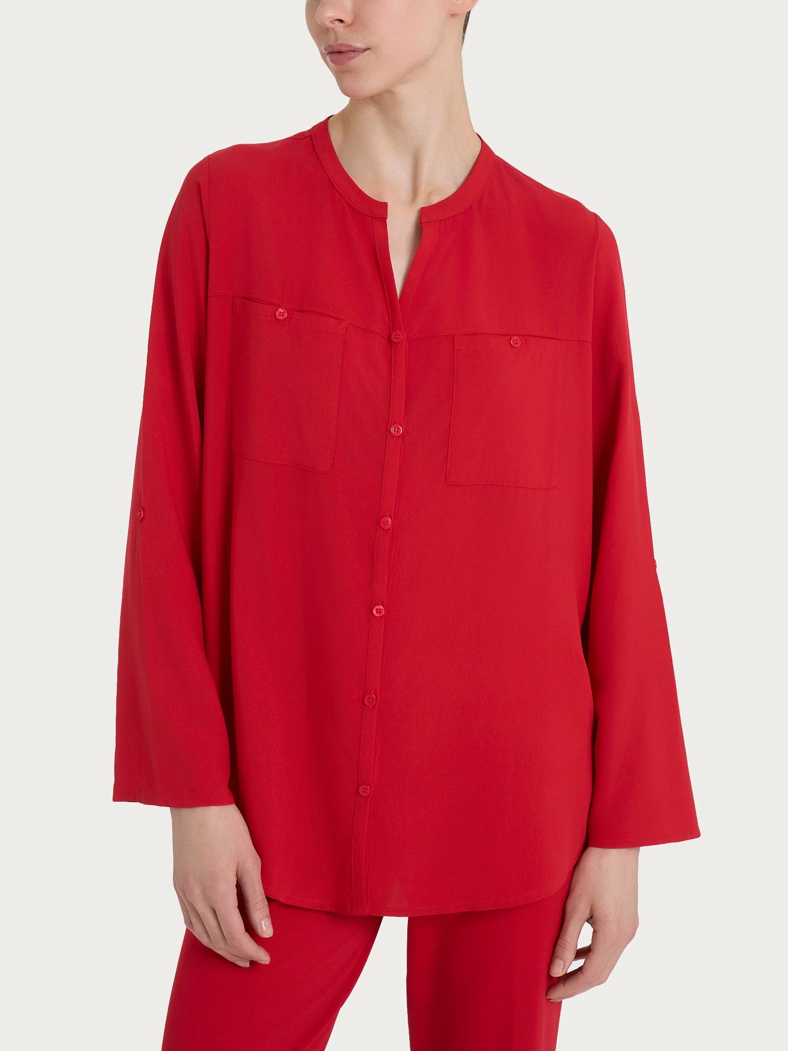 Camicia con collo alla coreana in EcoSeta - Salsa