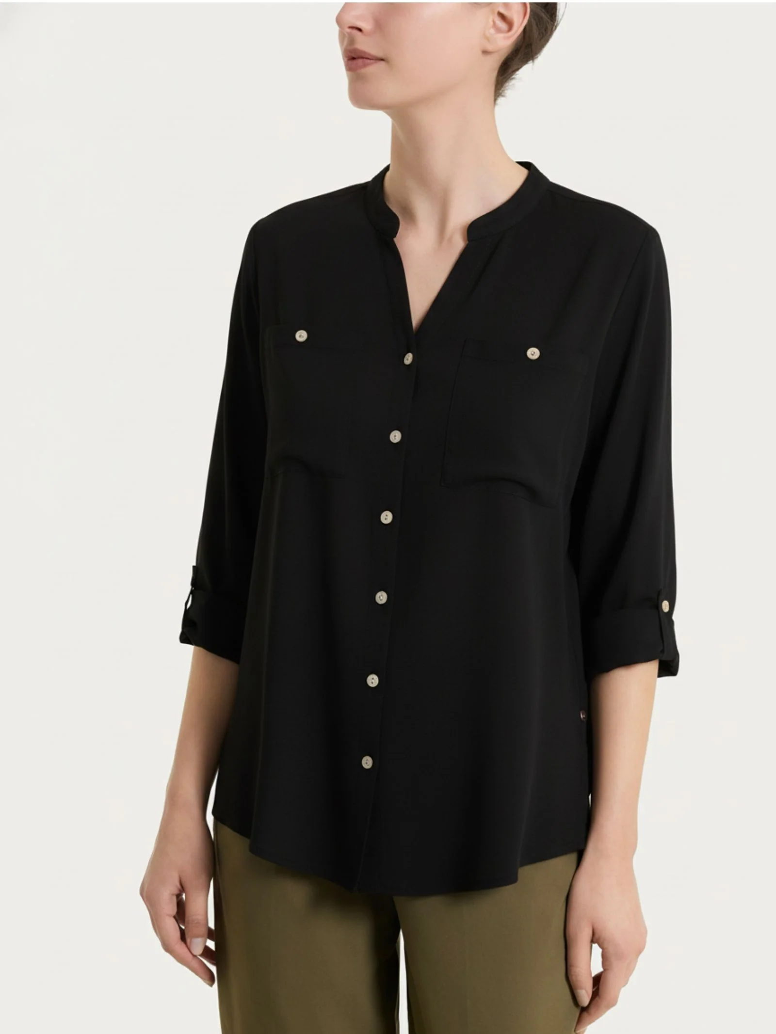 Camicia con manica risvoltabile in Voile Stretch - Nero