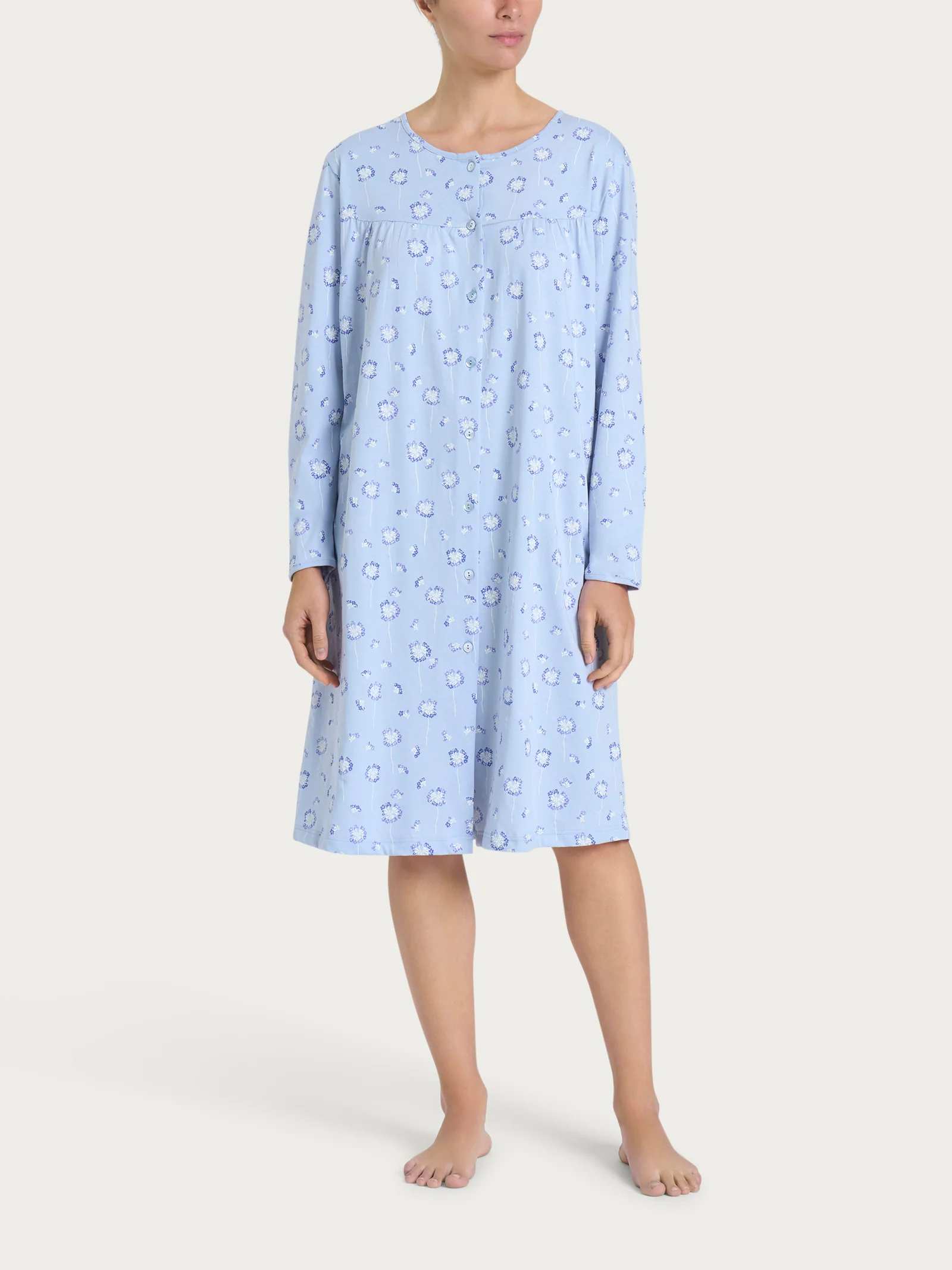 Camicia da notte aperta con soffioni in Jersey di cotone 40-52 - Fant. Brunnera Blue