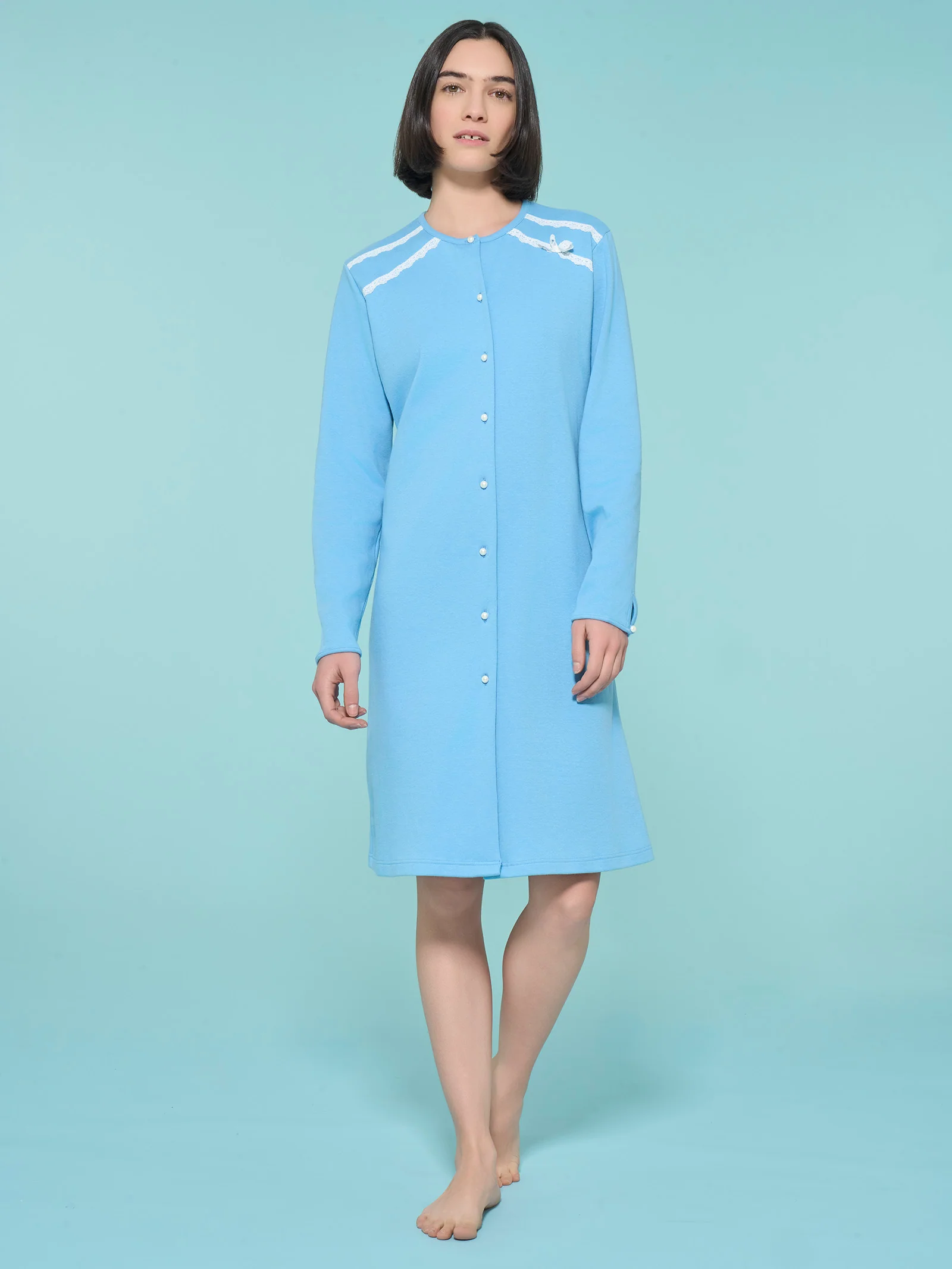 Camicia da notte aperta in interlock di cotone - Dusk Blue