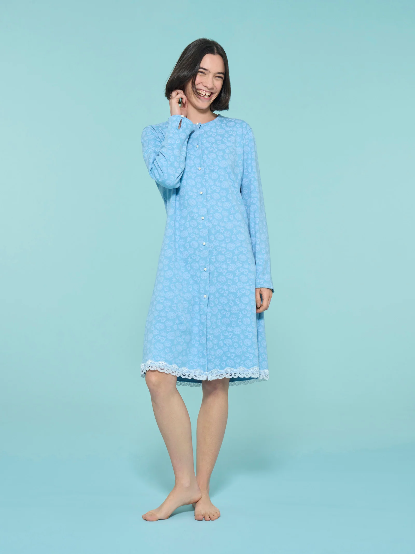 Camicia da notte aperta in interlock di cotone - Fant. Dusk Blue