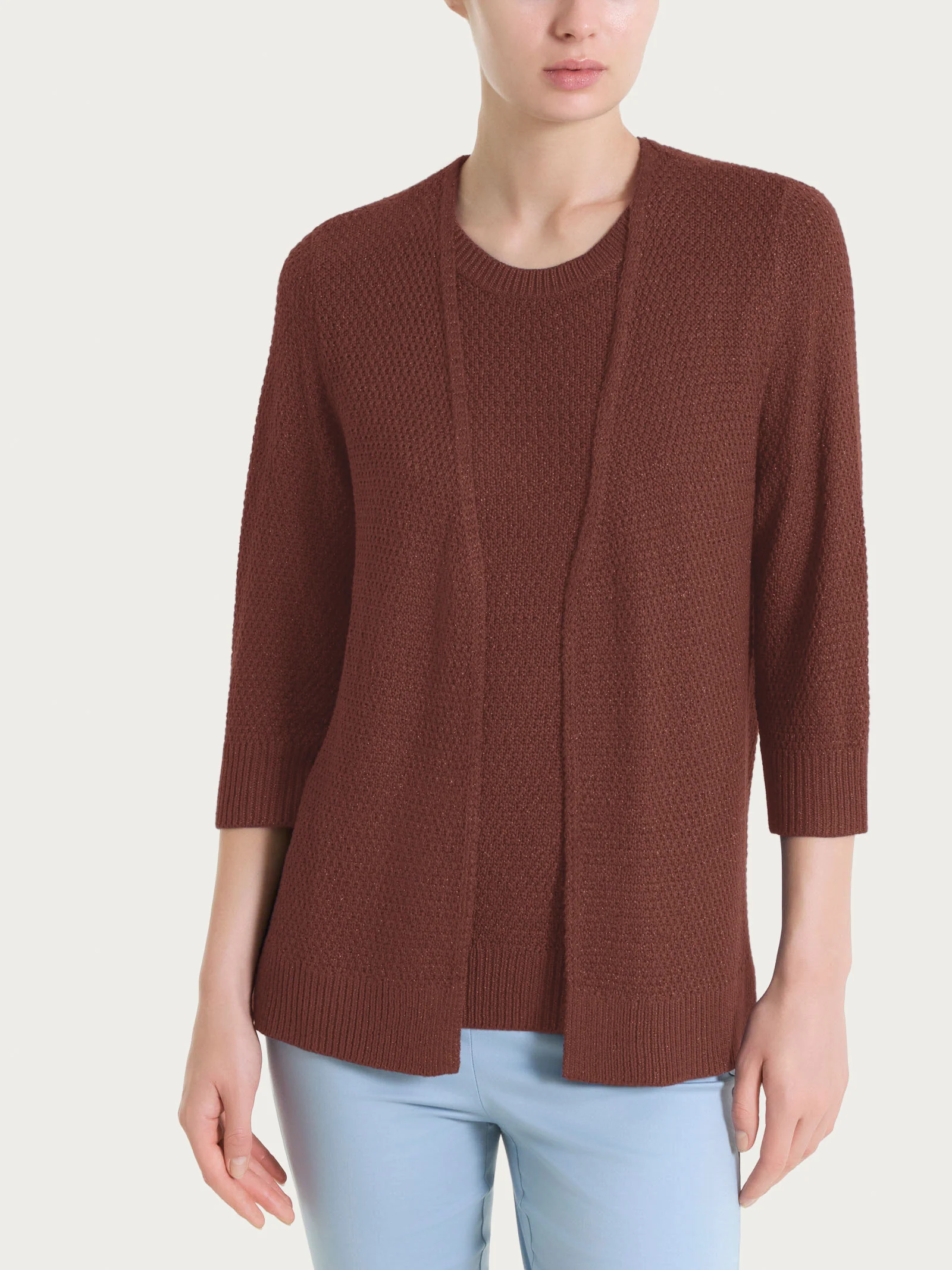 Cardigan aperto in Lurex Rice Stitch - Cappuccino