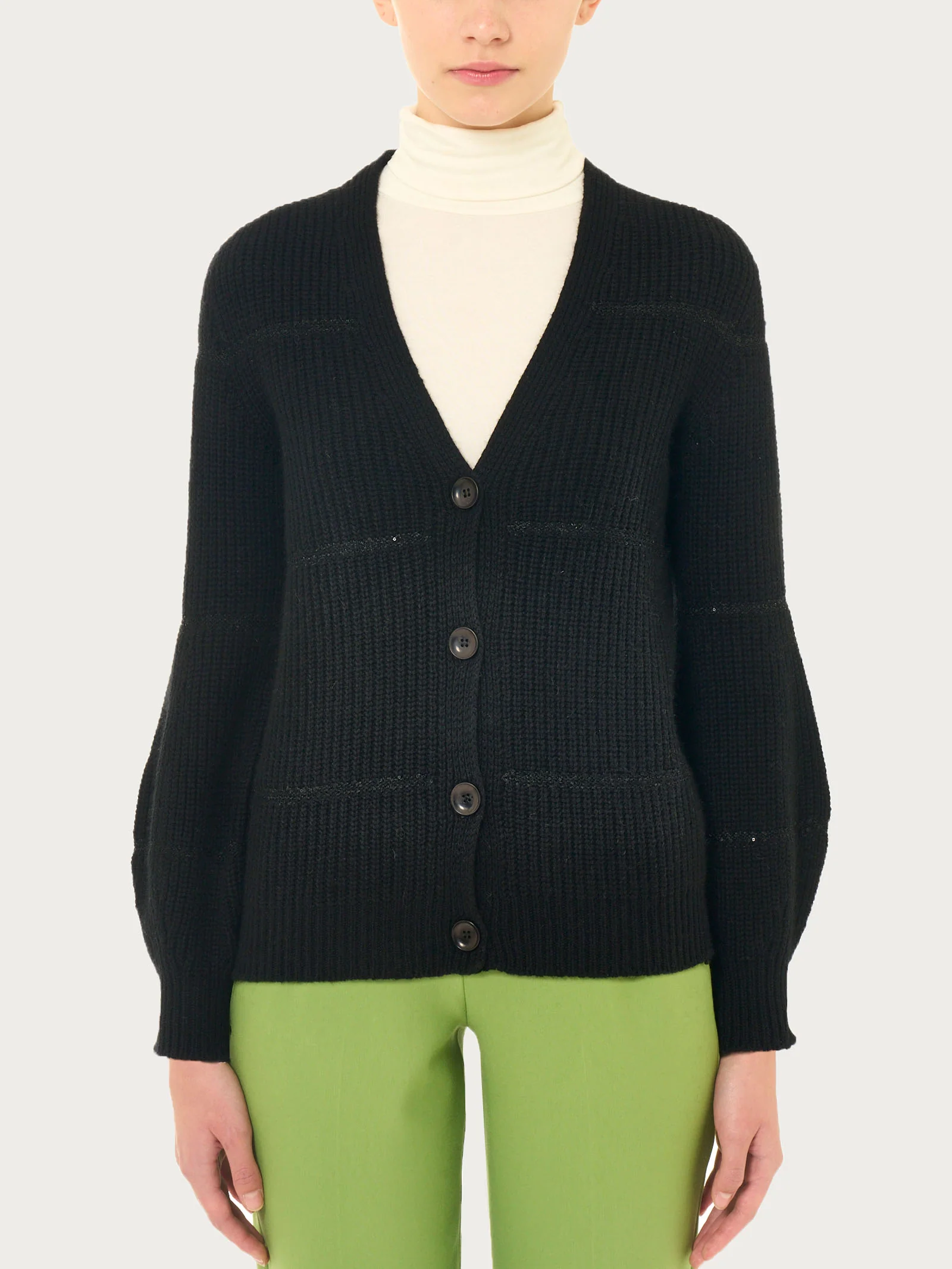 Cardigan con bottoni e paillettes in misto angora - Nero