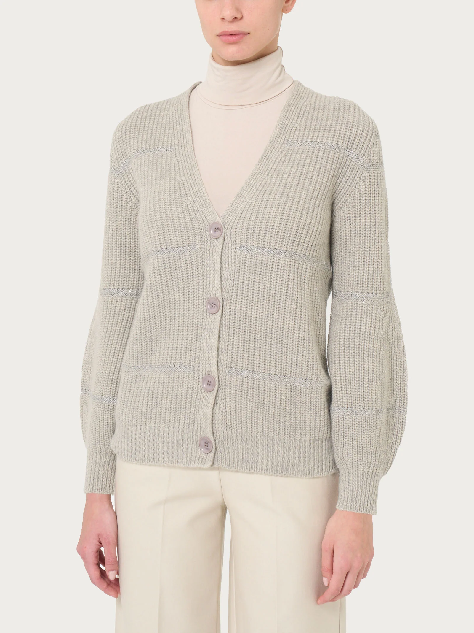 Cardigan con bottoni e paillettes in misto angora - Ghiaia Mel.