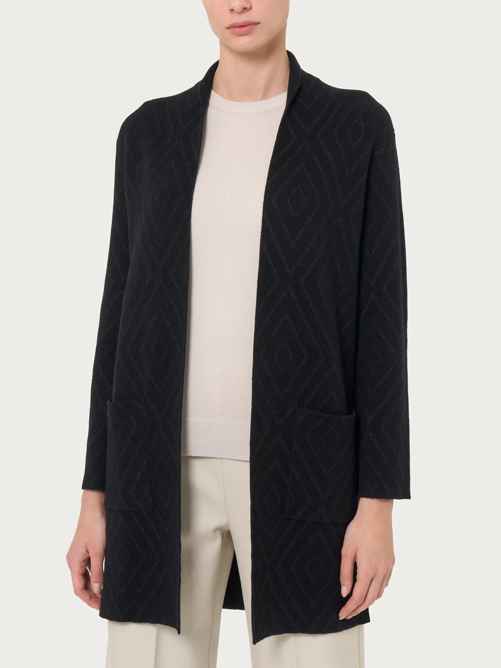 Cardigan lungo aperto con rombi in Super Soft - Nero