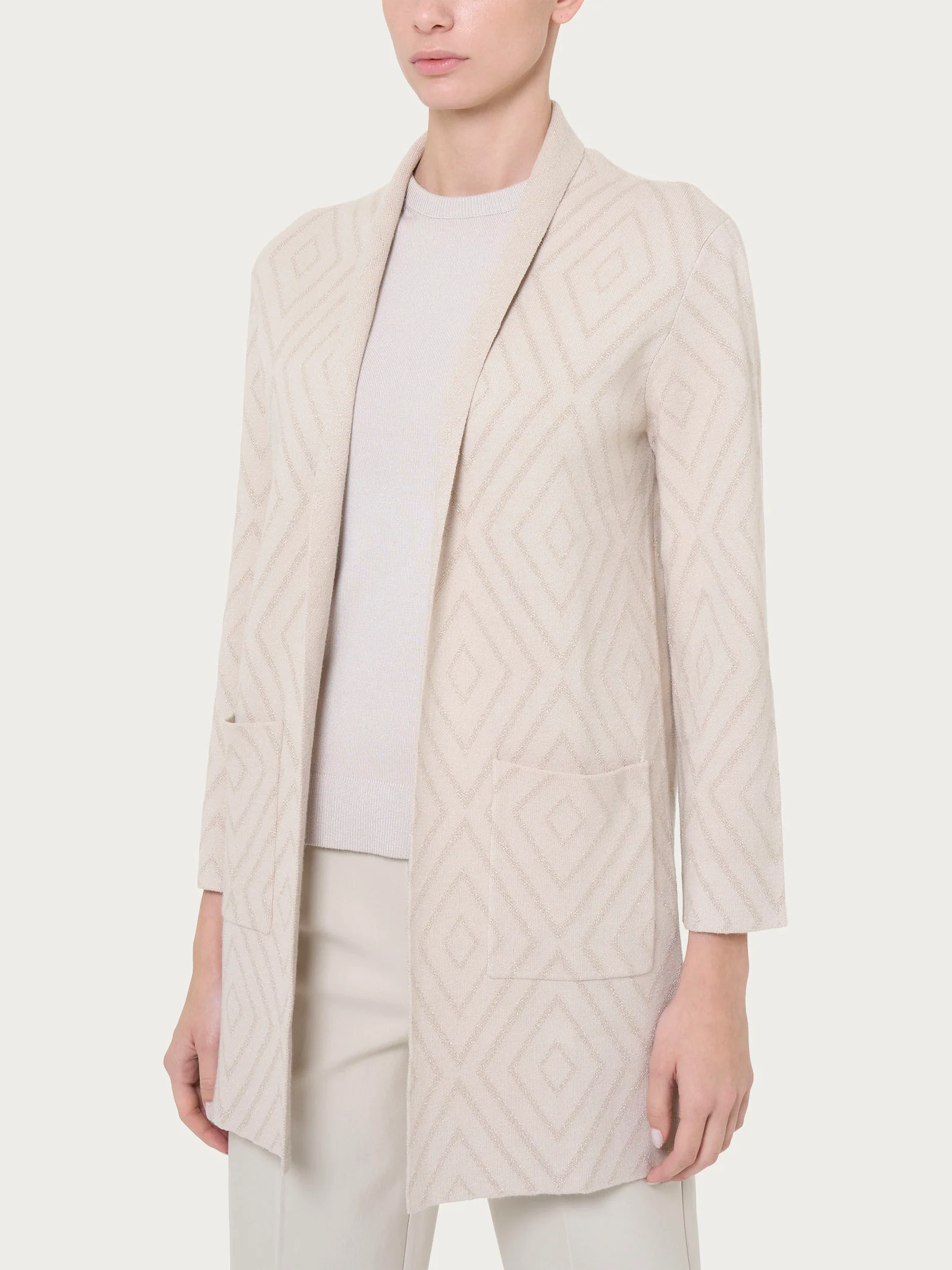 Cardigan lungo aperto con rombi in Super Soft - Champignon