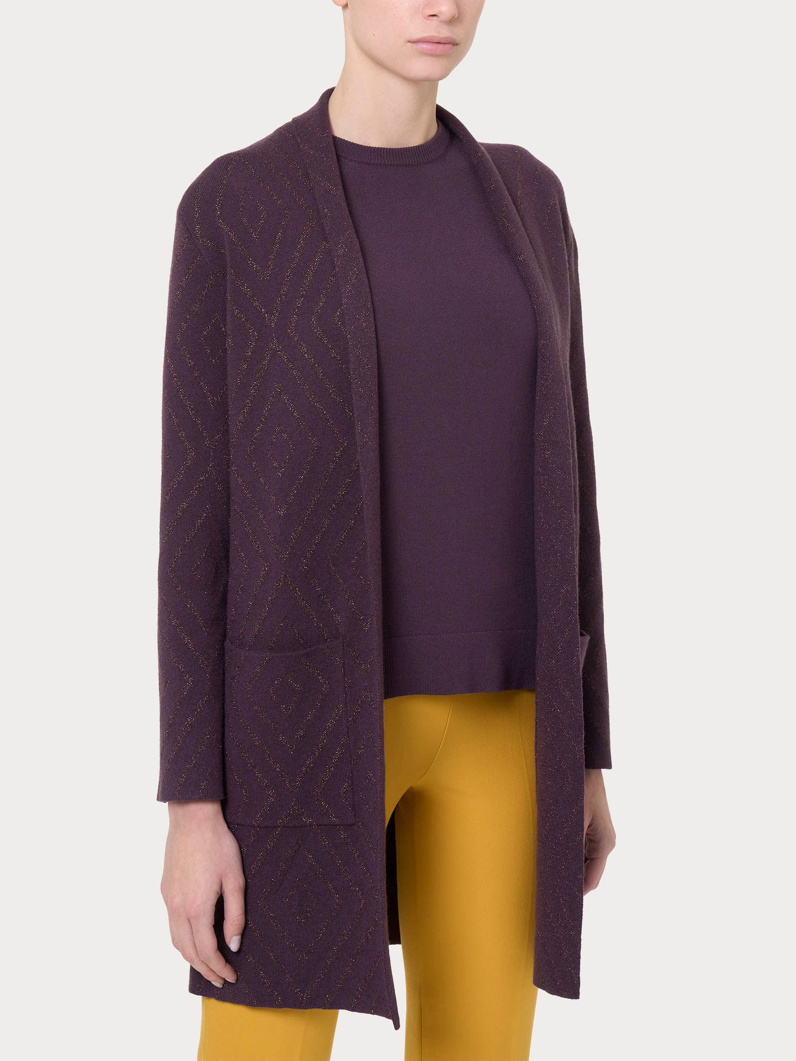 Cardigan lungo aperto con rombi in Super Soft - Plum Perfect