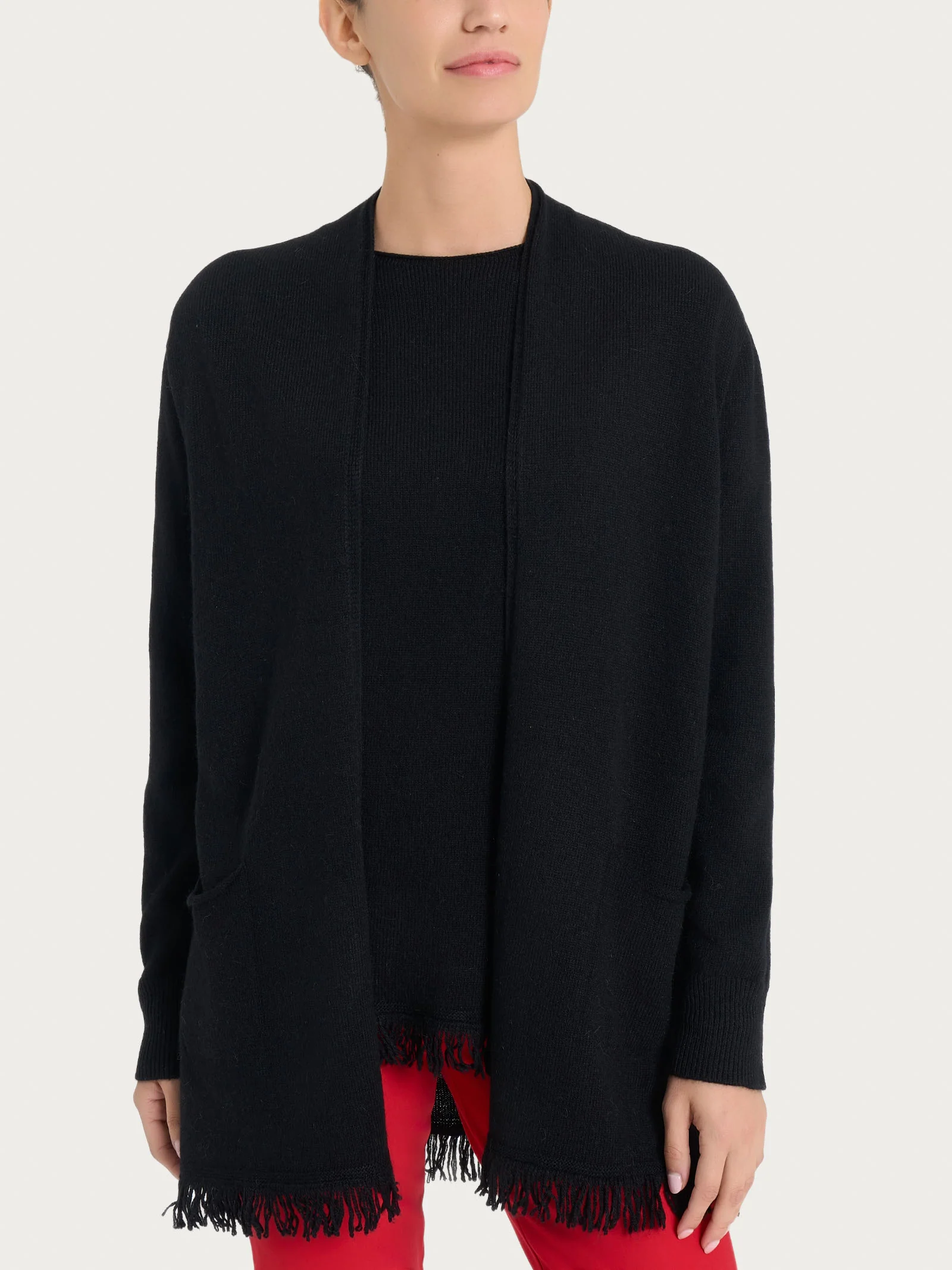 Cardigan lungo con frange in misto angora - Nero