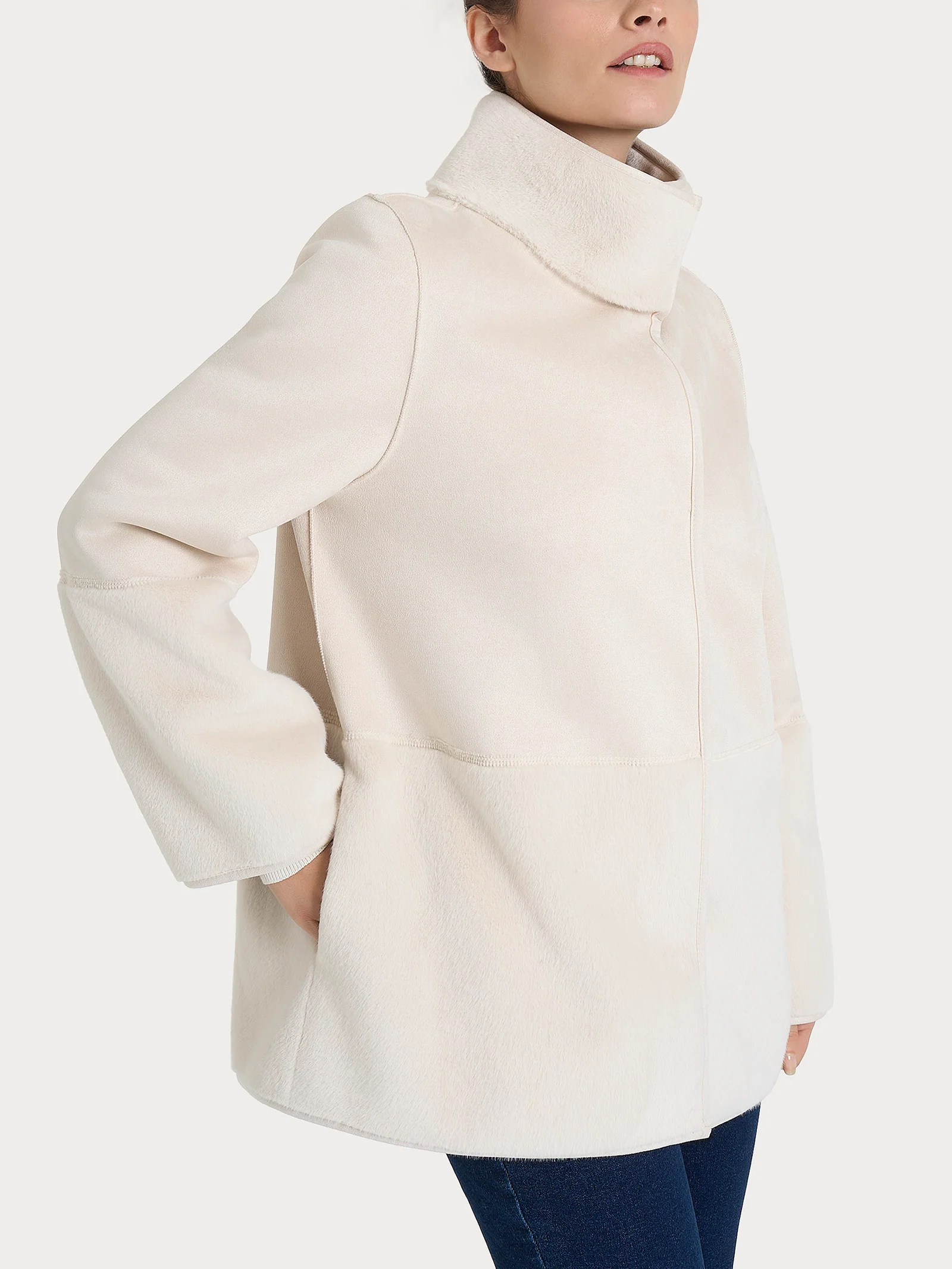 Giacca lunga con collo alto double-face in Vegan Shearling - Champignon - Image 2