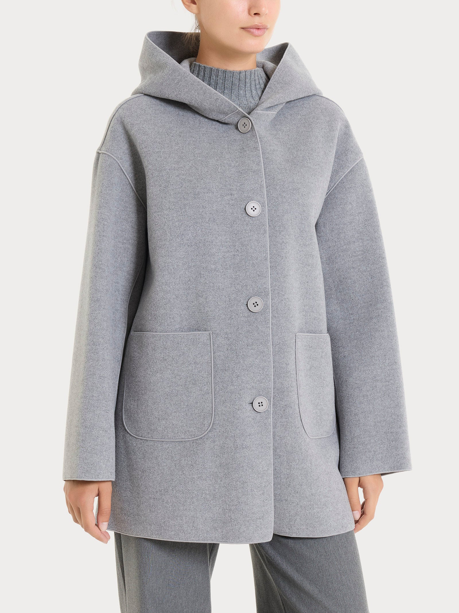 Giaccone con cappuccio in Vegan Wool - Grigio Mel.