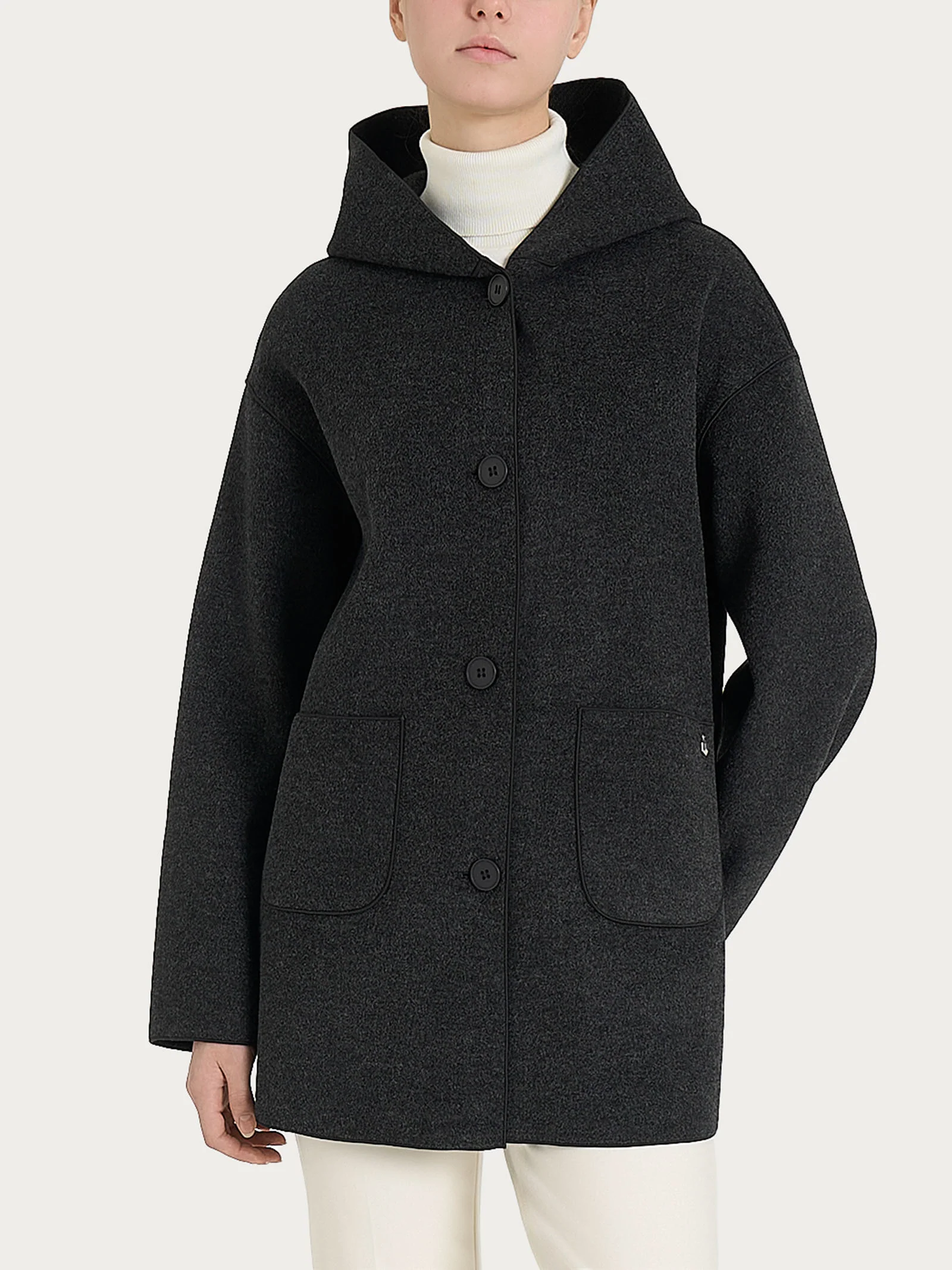 Giaccone con cappuccio in Vegan Wool - Oscuro Mel.