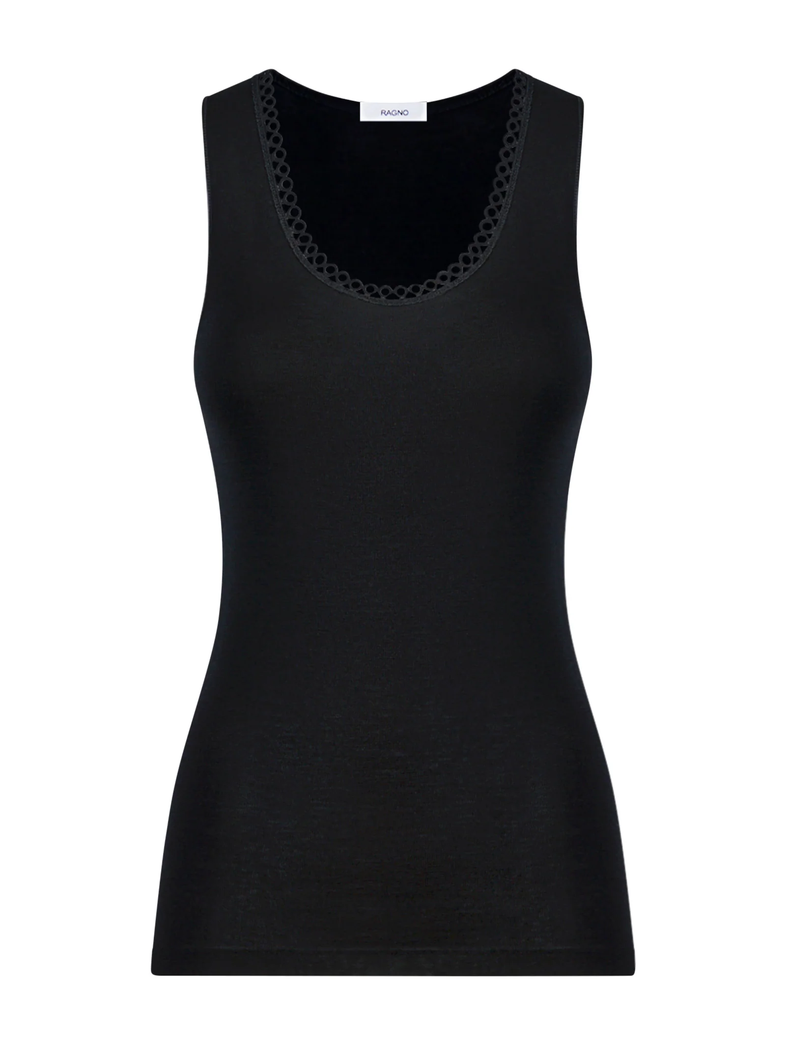 Lana Seta - Canottiera spalla larga in maglia unita di lana e seta con pizzo - Nero