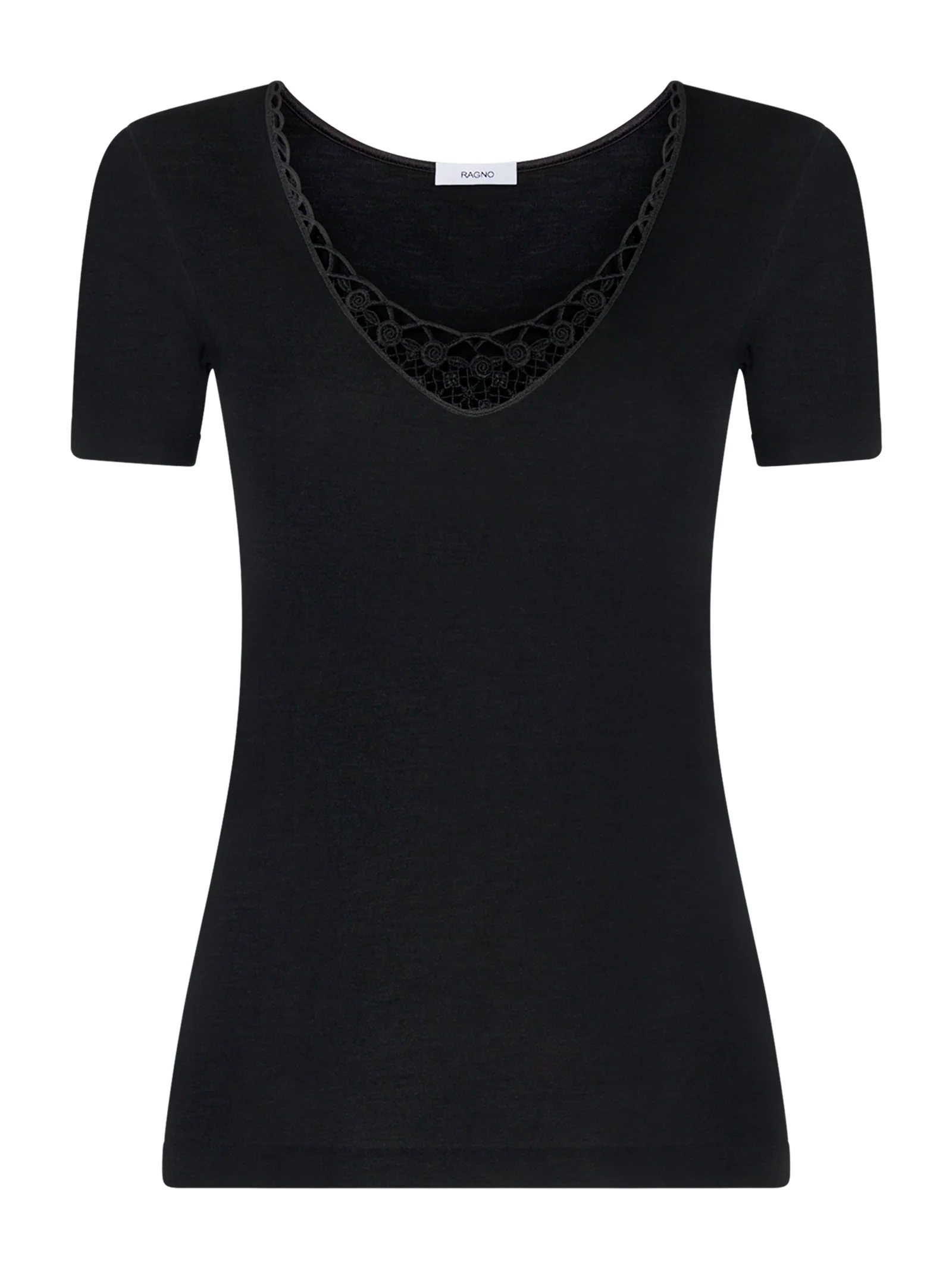 Lana Seta - Maglietta a manica corta in lana e seta con macramè - Nero