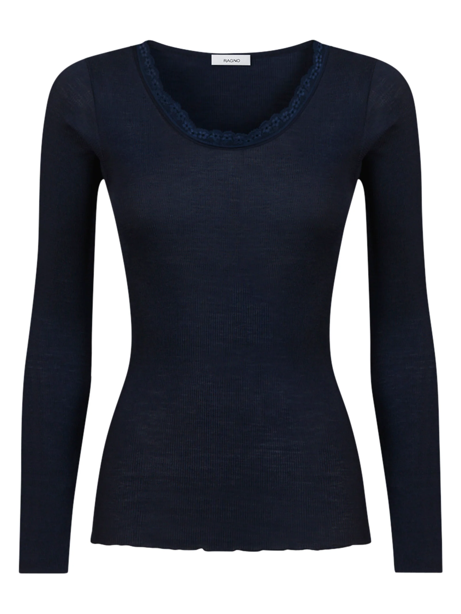 Lana Seta - Maglietta a manica lunga in costina di lana e seta con pizzo - Bleu