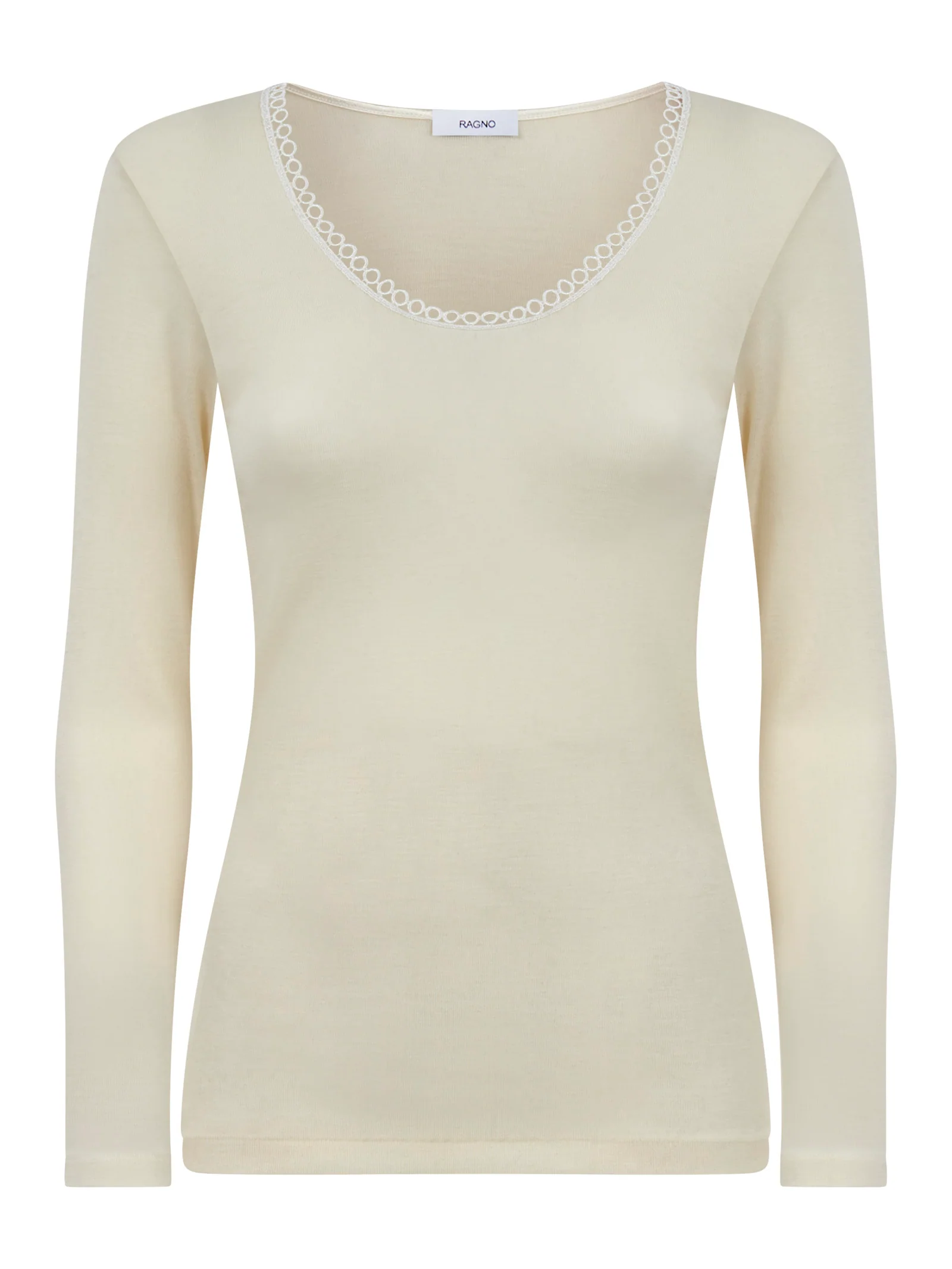 Lana Seta - Maglietta a manica lunga in maglia unita di lana e seta con pizzo - B.co Lana