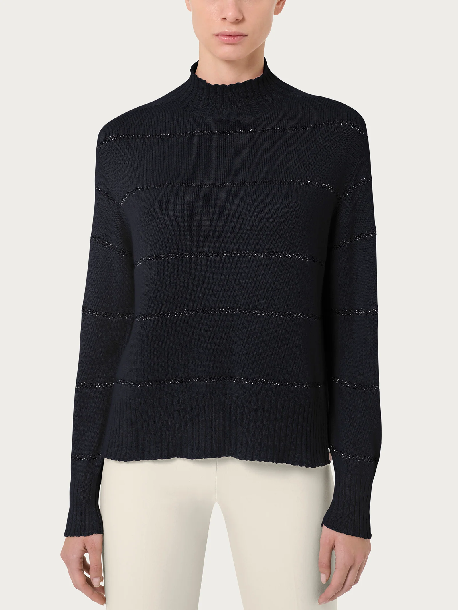 Lupetto corto a righe in misto angora - Nero