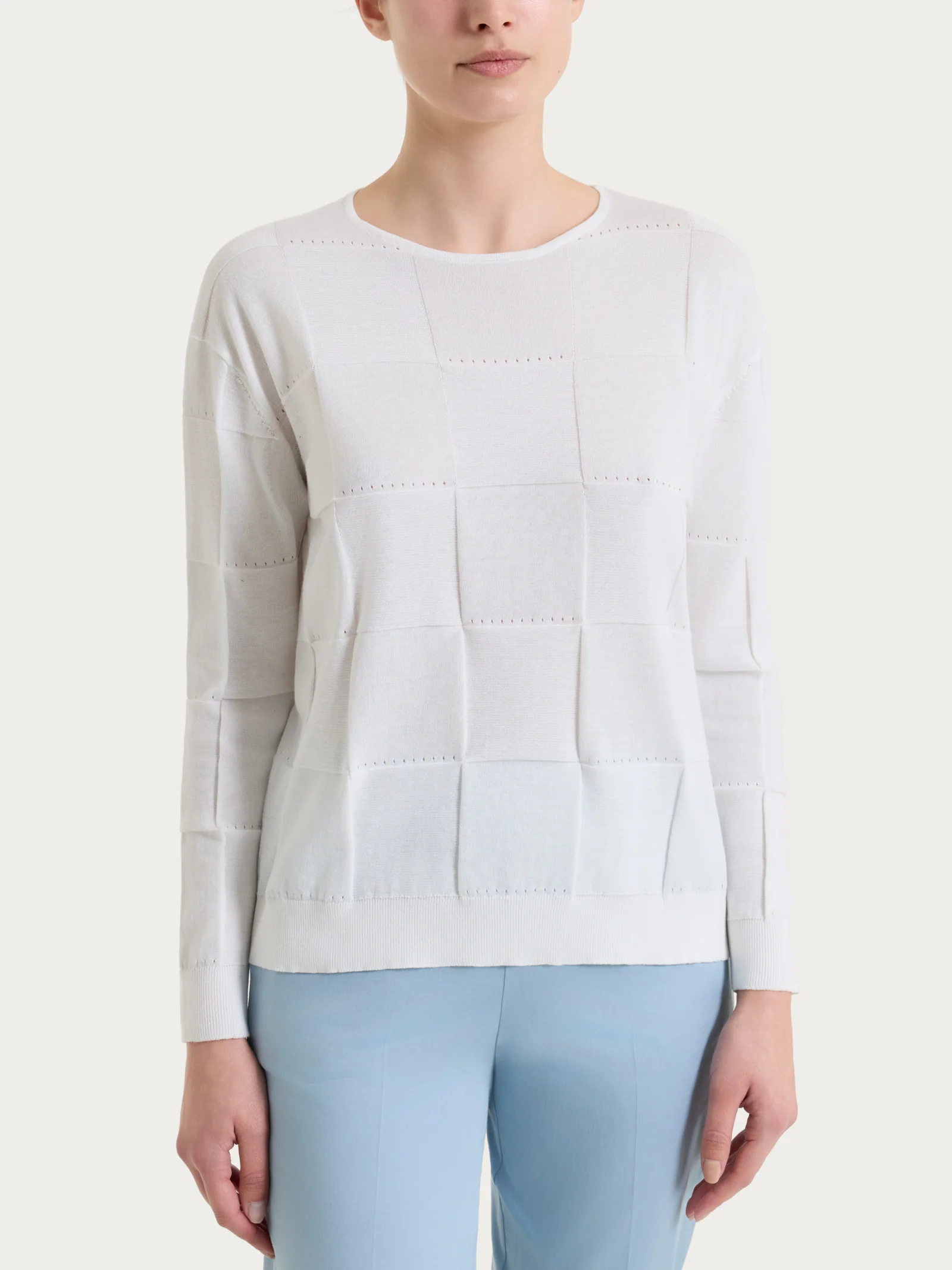 Maglia a manica lunga con fantasia check in Puro Cotone - Bianco