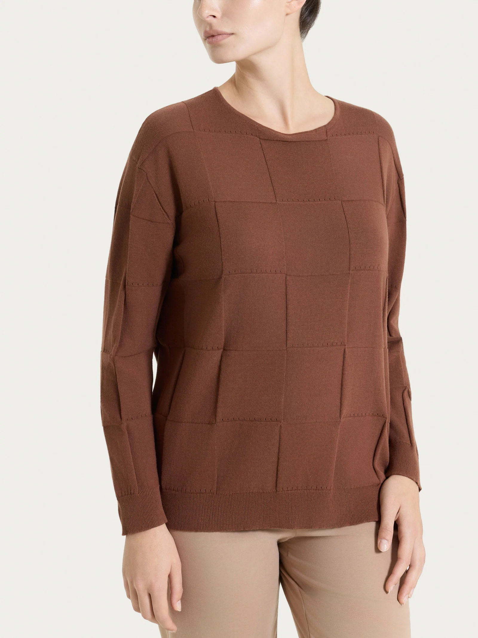 Maglia a manica lunga con fantasia check in Puro Cotone - Cappuccino
