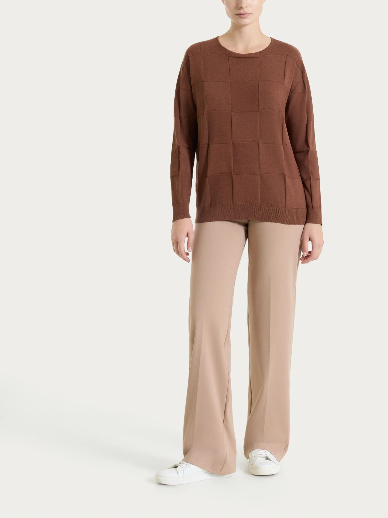 Maglia a manica lunga con fantasia check in Puro Cotone - Cappuccino - Image 4
