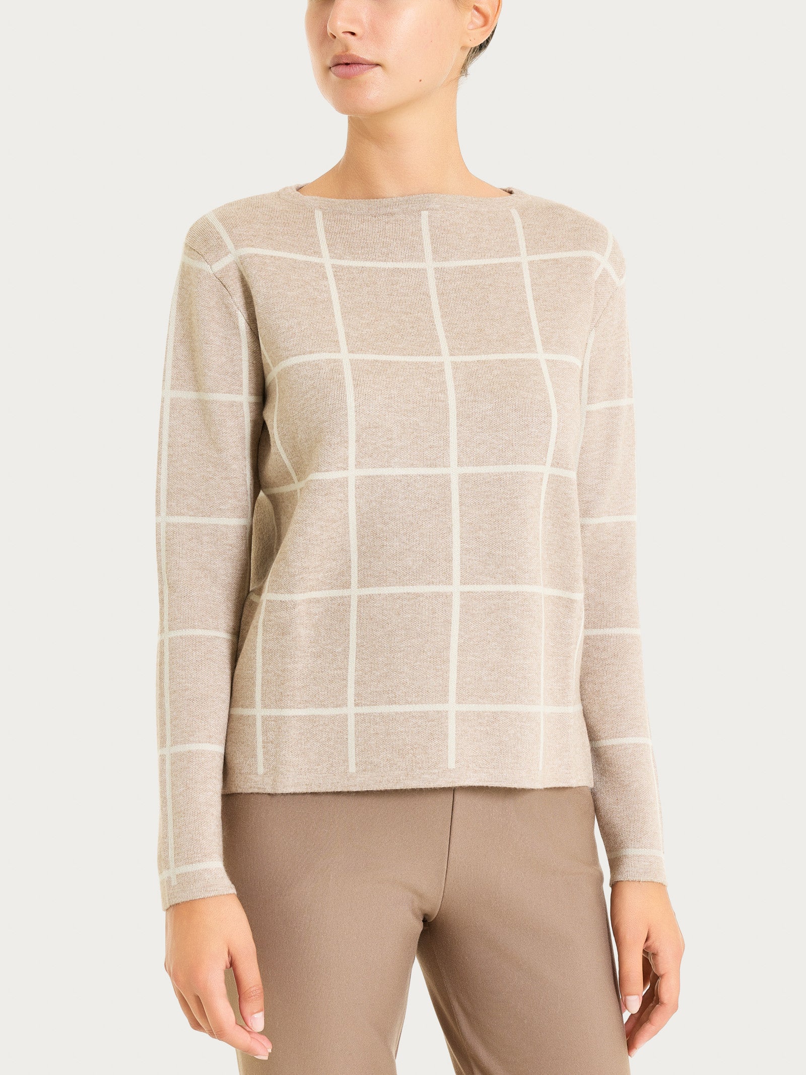 Maglia con collo a barchetta e fantasia check in Super Soft - Fant.Cammello Mel.