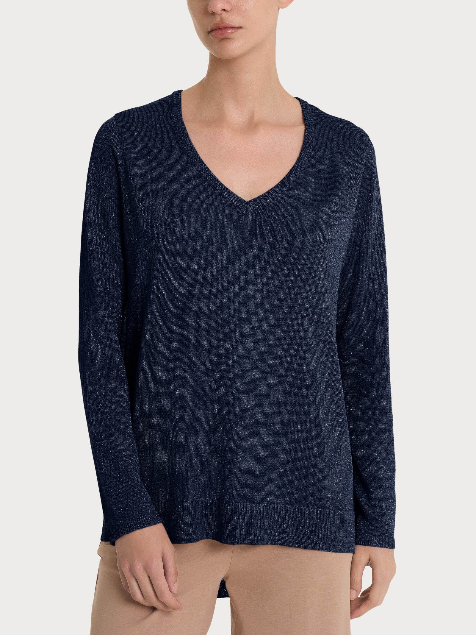 Maglia con scollo a V e manica lunga in Crêpe Lurex - Bleu