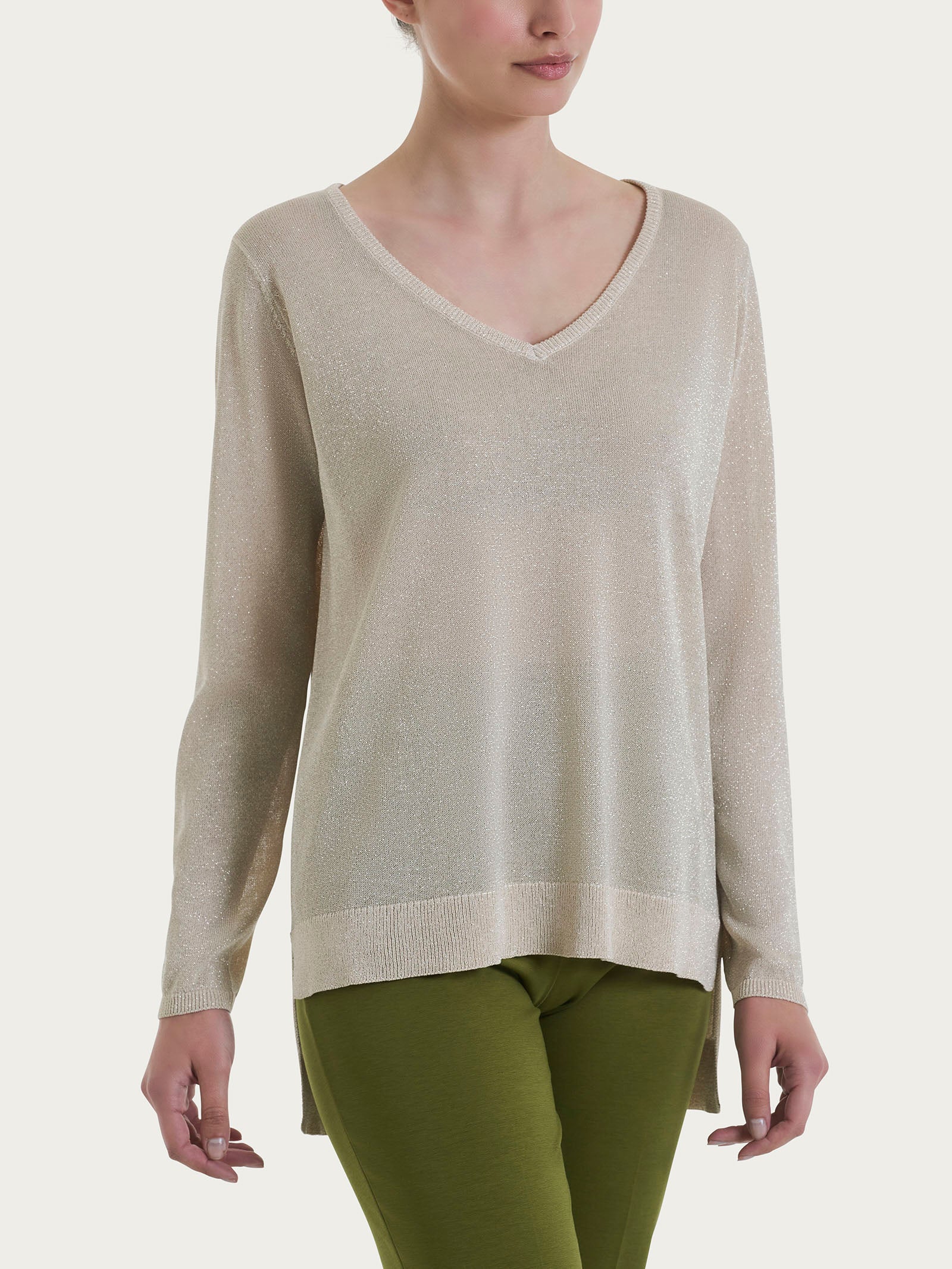 Maglia con scollo a V e manica lunga in Crêpe Lurex - Champignon
