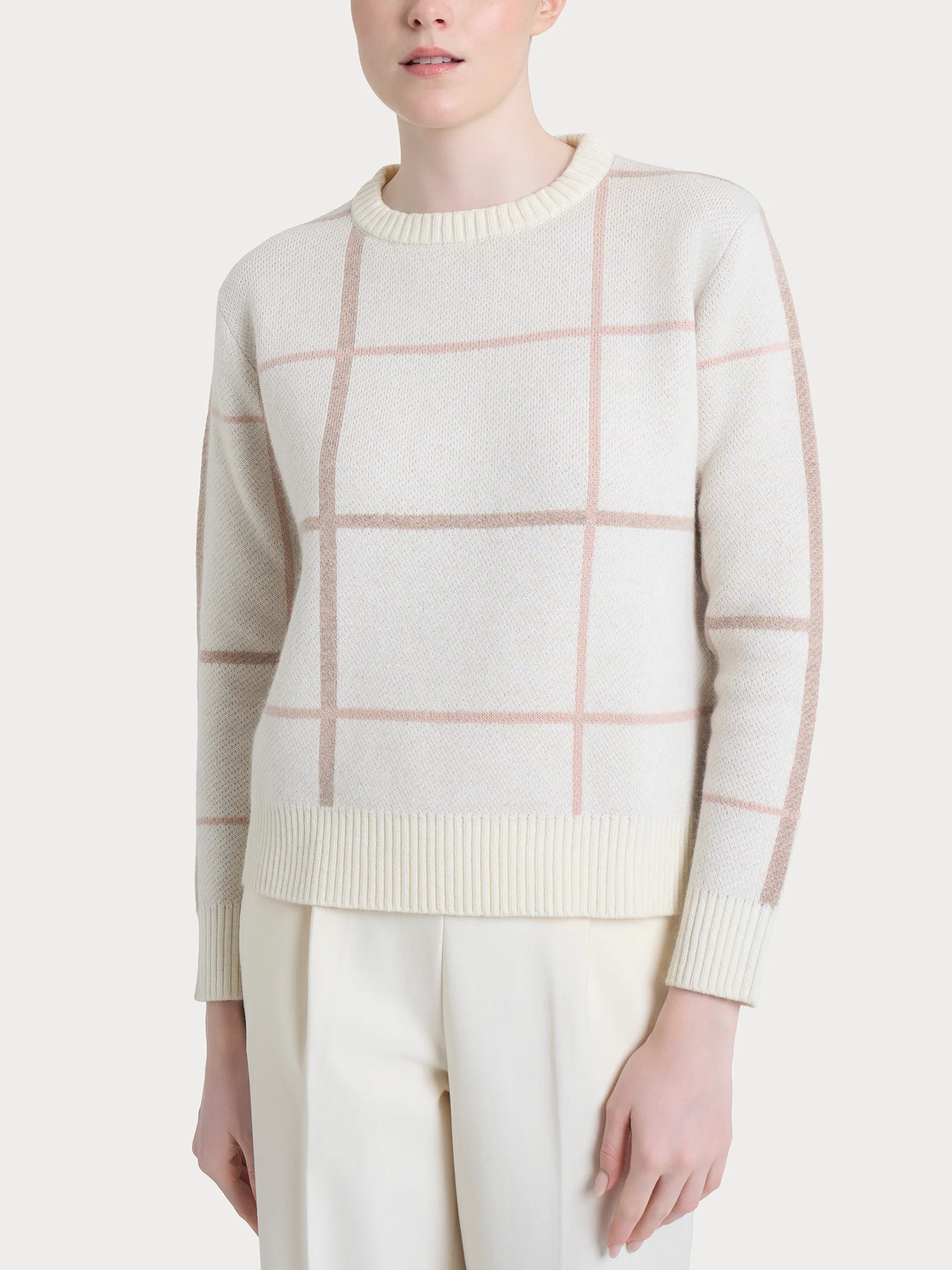 Maglia girocollo con check pattern in Natural Soft - Fant.Zenzero Mel.
