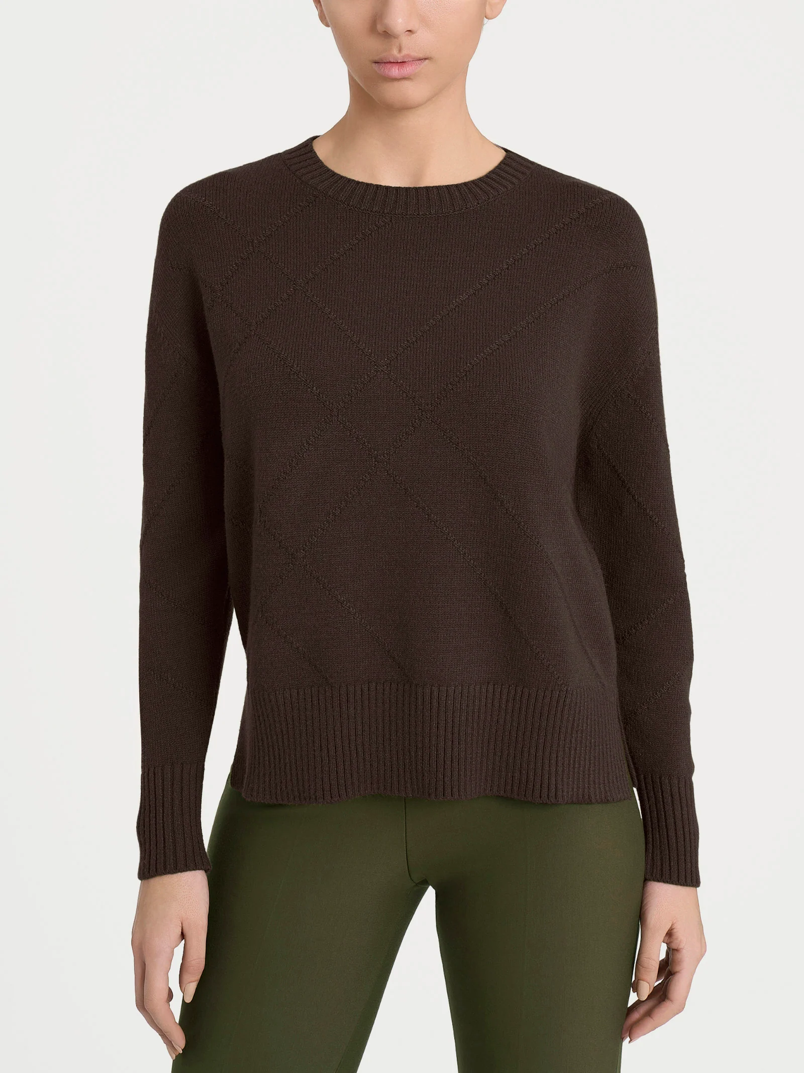 Maglia girocollo con fantasia check diagonale in Super Soft - Chocolate Torte