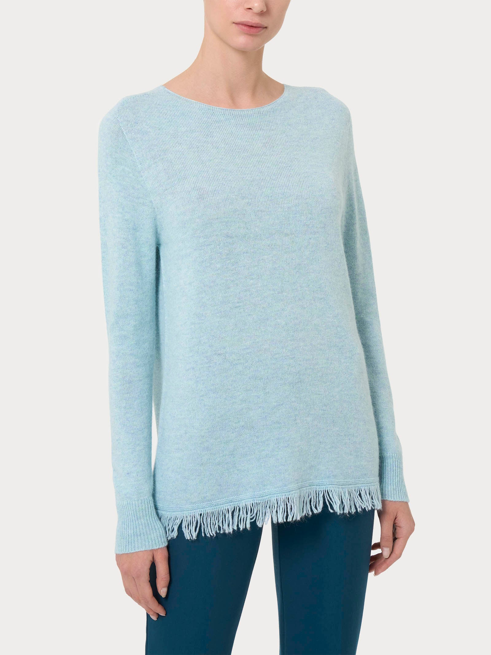Maglia girocollo con frange in misto angora - Nile Blue Mel.