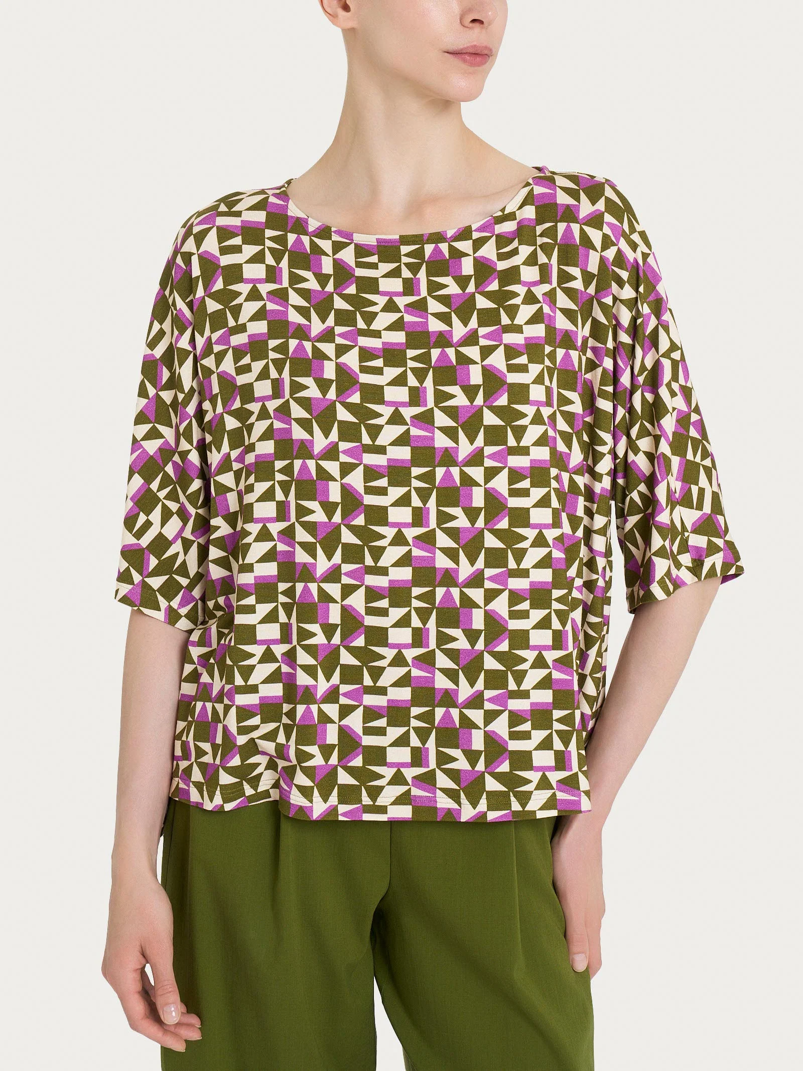 Maglia girocollo con geometric pattern in Viscosa Summer - Fant. Cattleya Orchid
