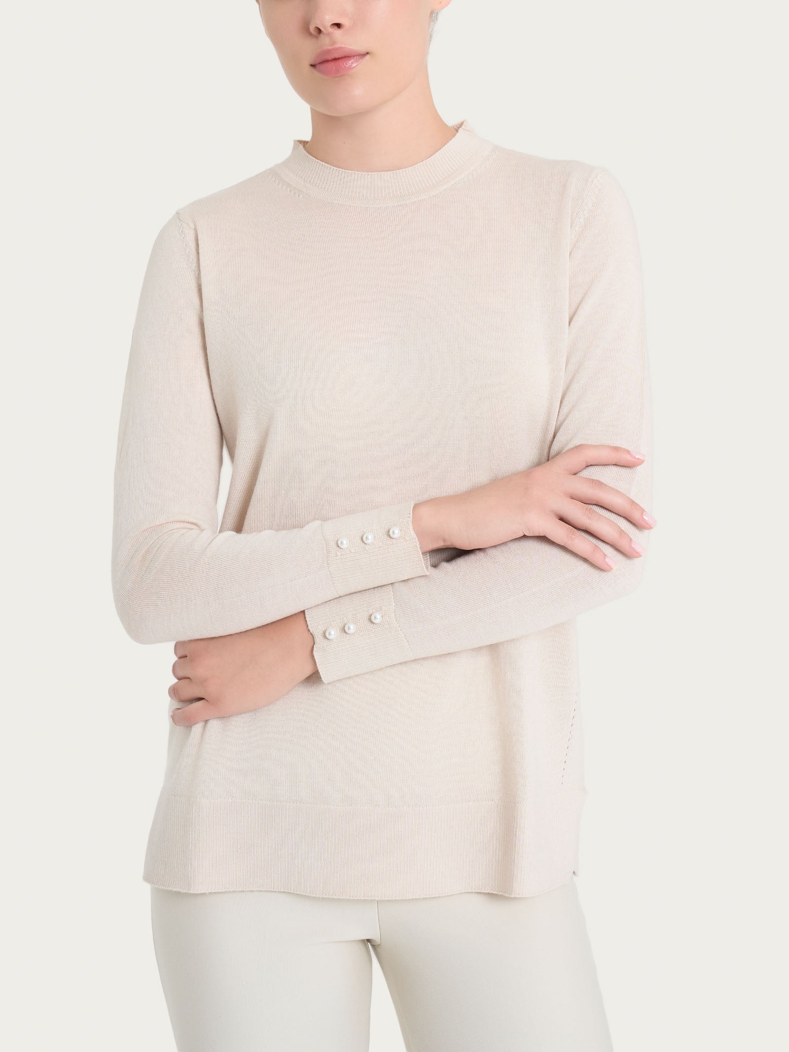 Maglia girocollo con perline in Merino Soft - Champignon