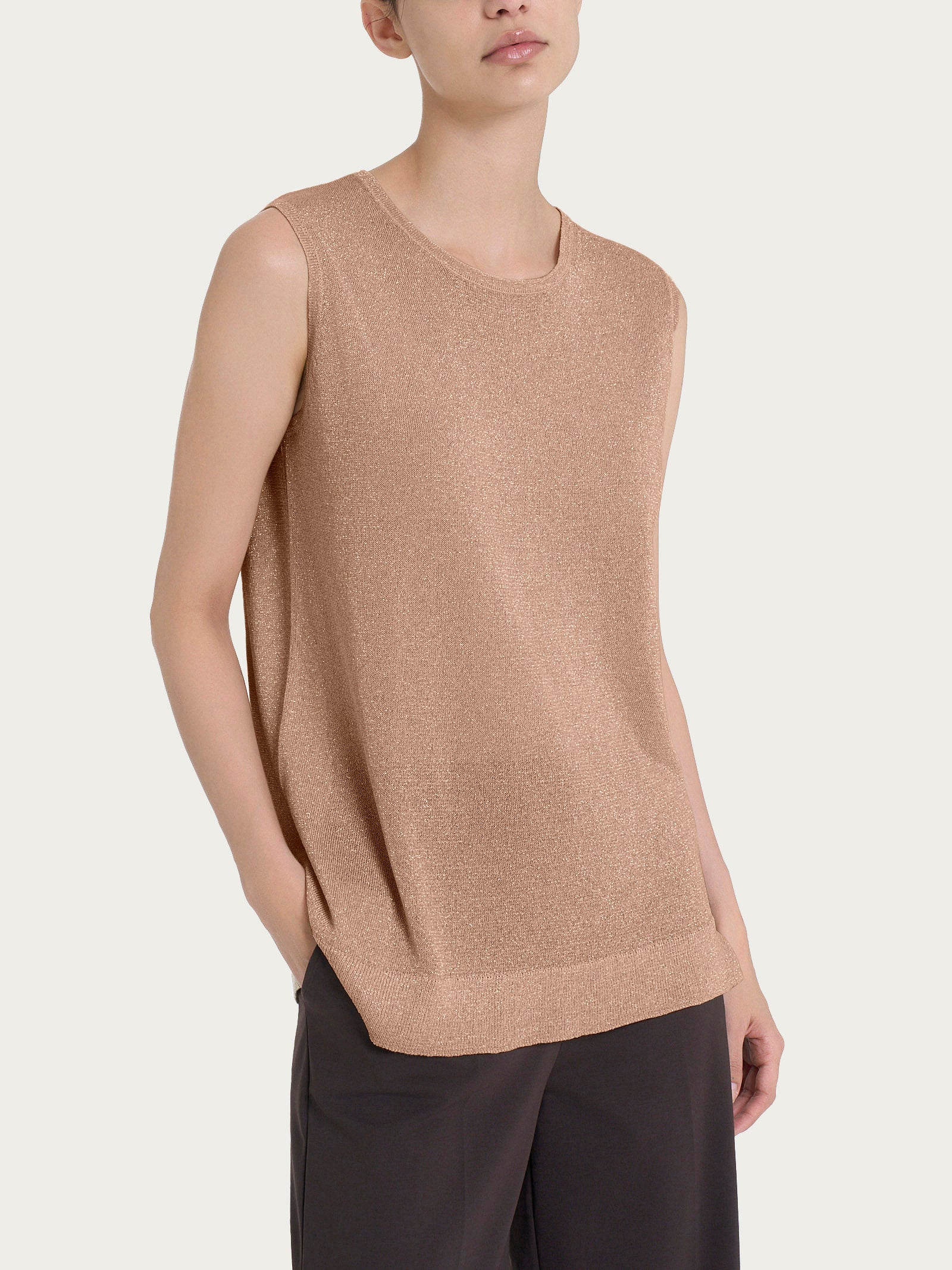 Maglia smanicata in Crêpe Lurex - Warm Taupe