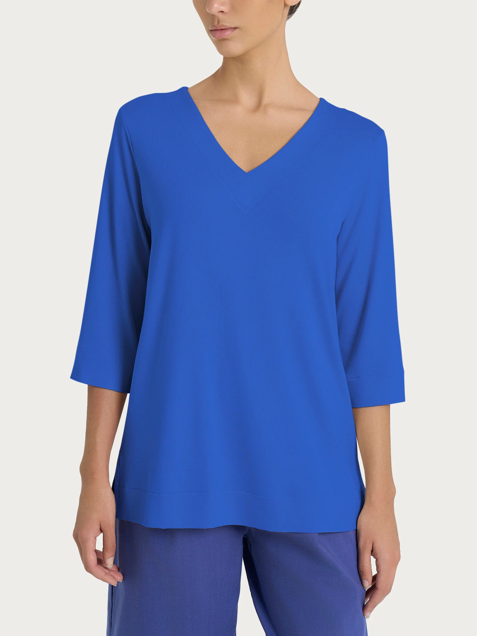 Maglietta con doppio scollo a V in jersey di viscosa crêpe - Dazzling Blue