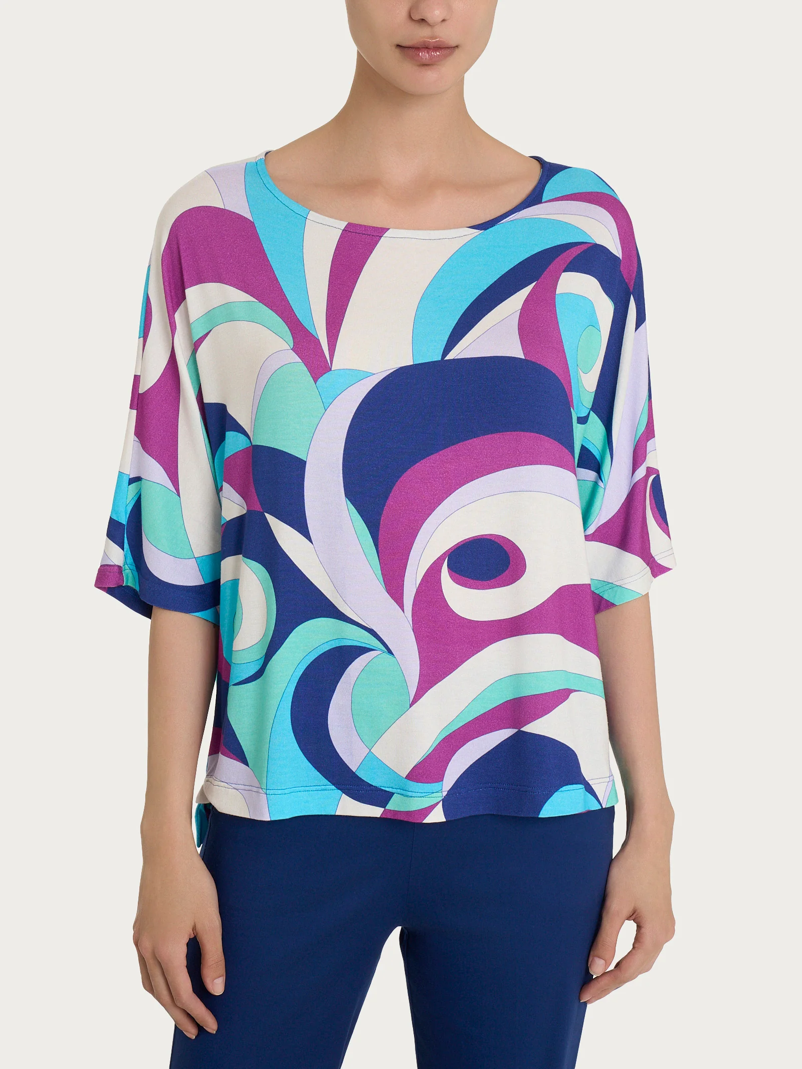 Maglietta con scollo a barchetta e waves pattern in Viscosa Summer - Fant. Pool Blue