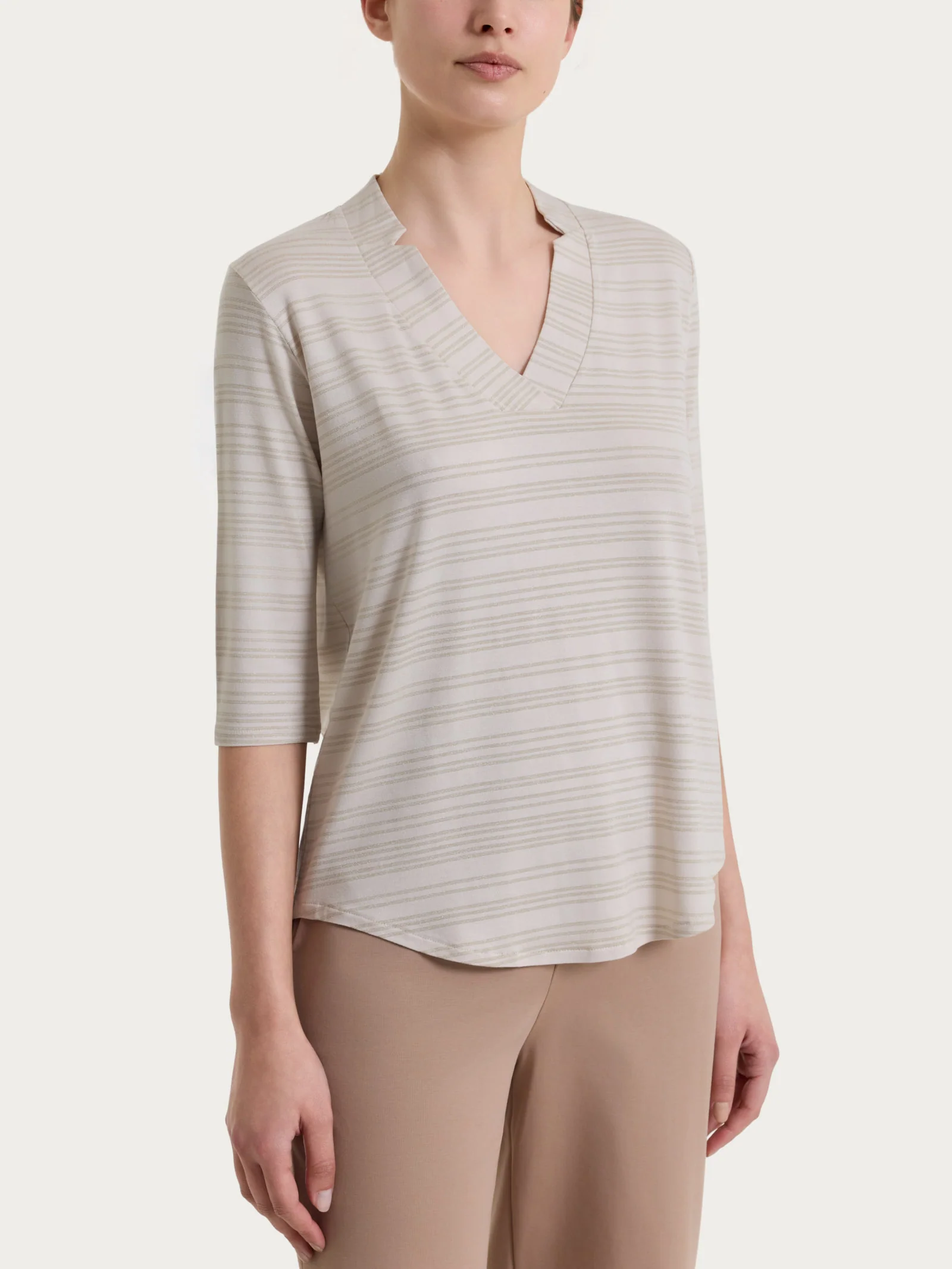 Maglietta con scollo a V e righe orizzontali alternate in Viscosa Summer - Fant.Champignon