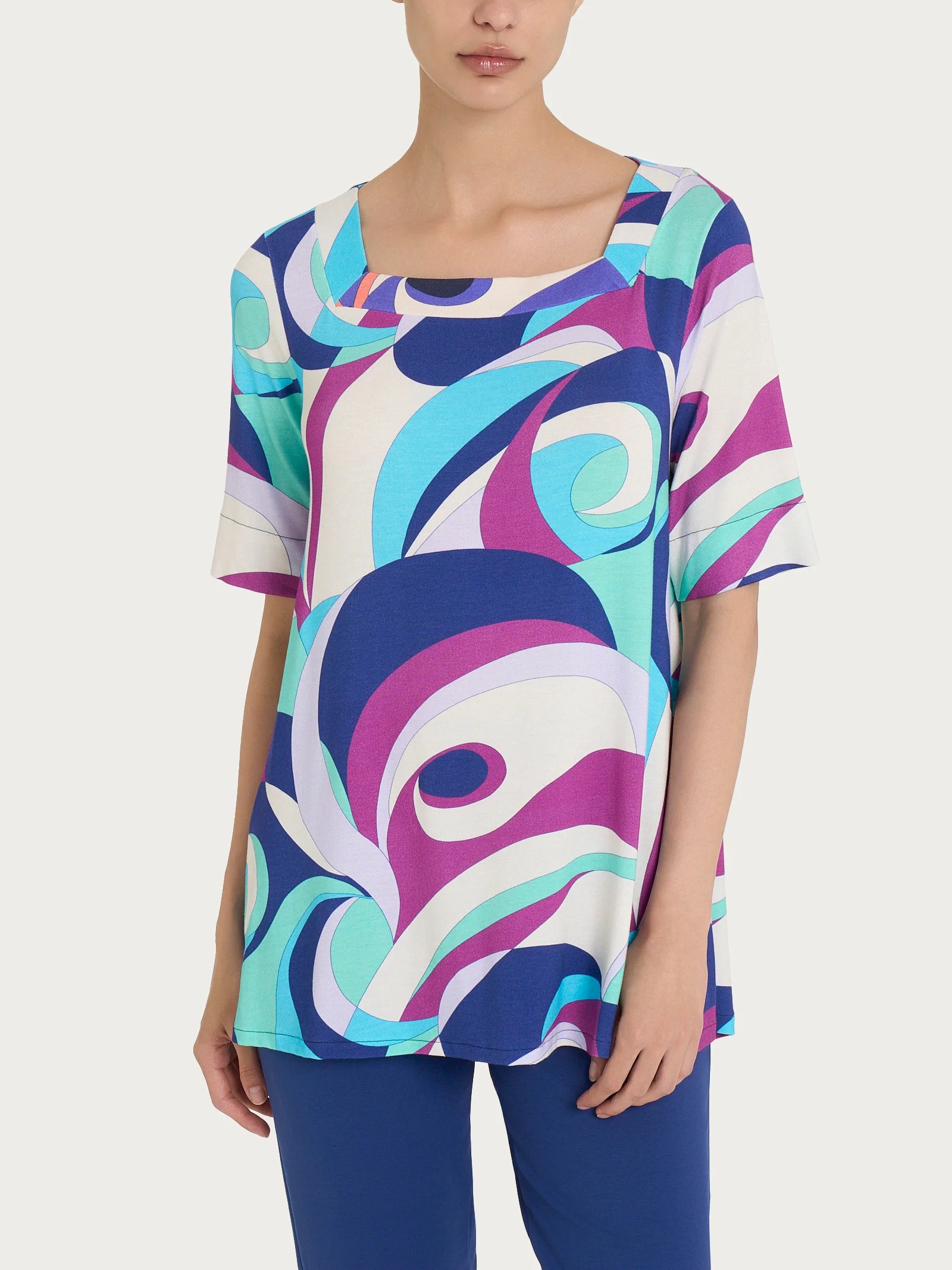 Maglietta con scollo squadrato e waves pattern in Viscosa Summer - Fant. Pool Blue