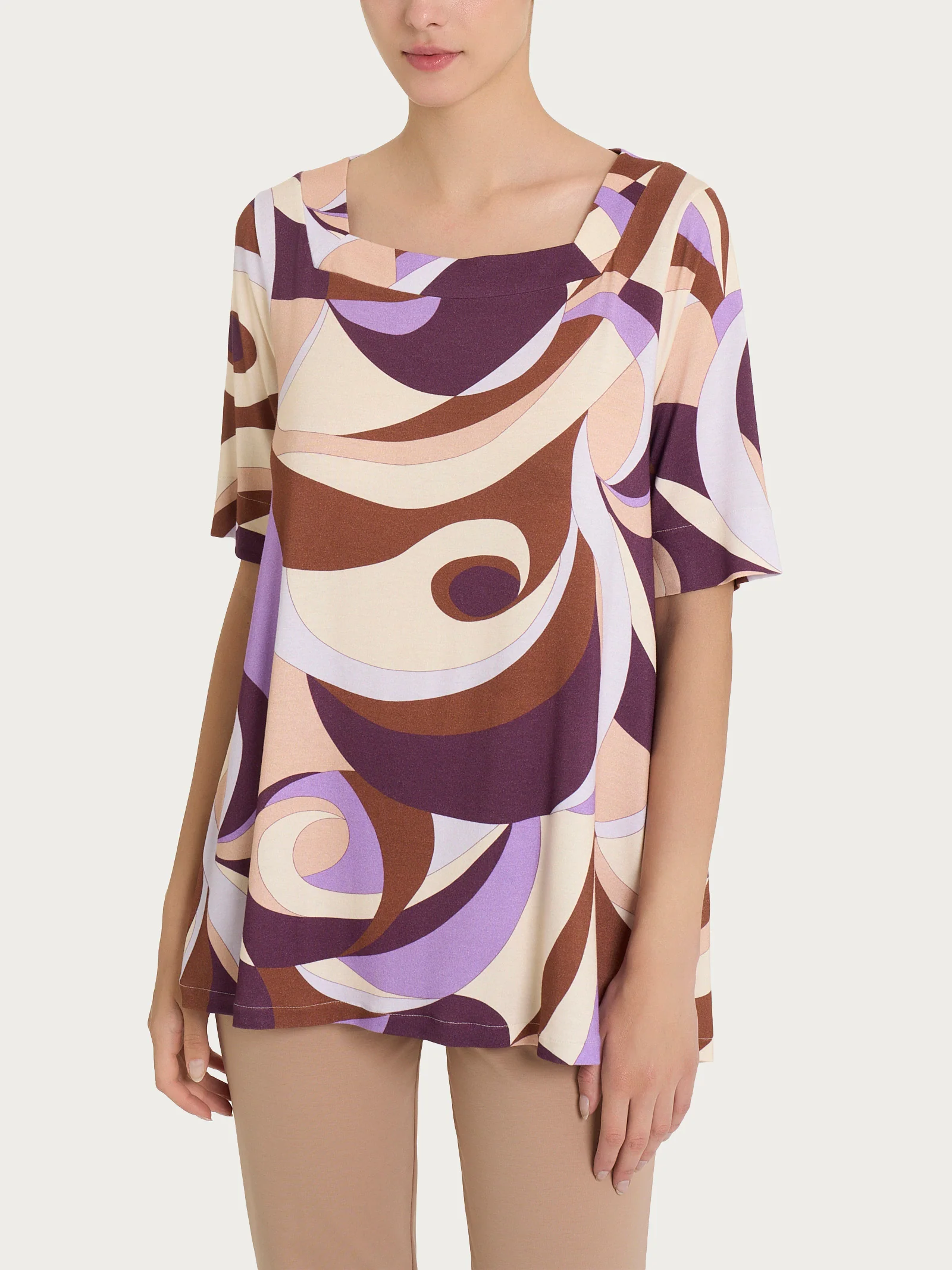 Maglietta con scollo squadrato e waves pattern in Viscosa Summer - Fant. Plum Perfect