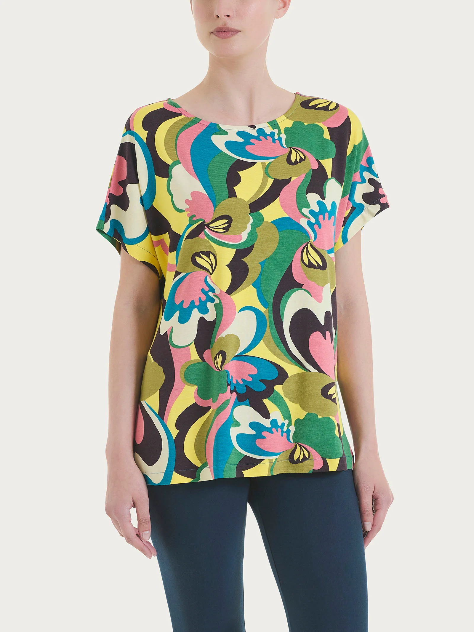 Maglietta girocollo con geometric pattern in Viscosa Summer  - Fant. Crystal Teal