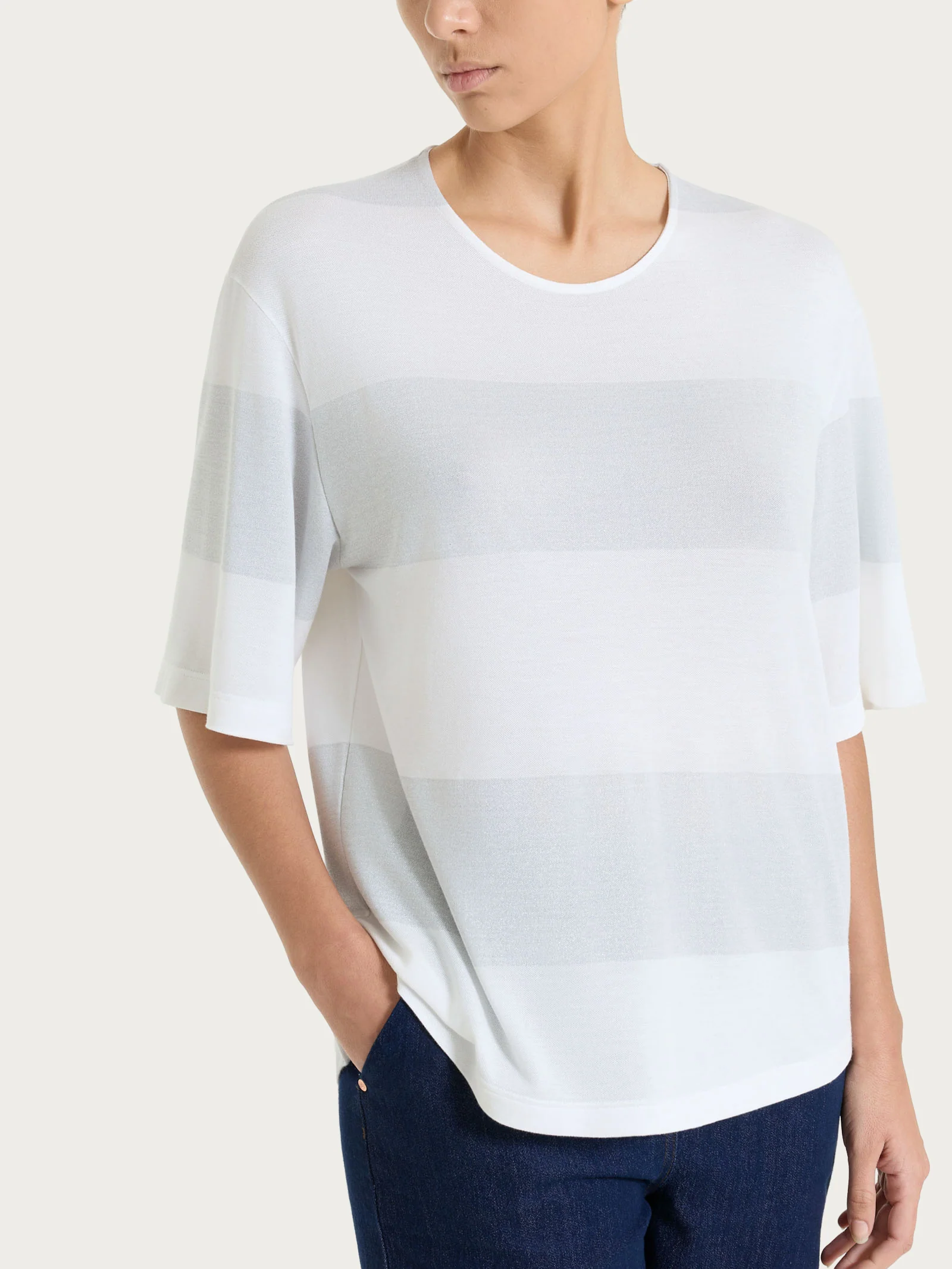 Maglietta girocollo con macro righe in Summer Light e Lurex - Fant.Bianco