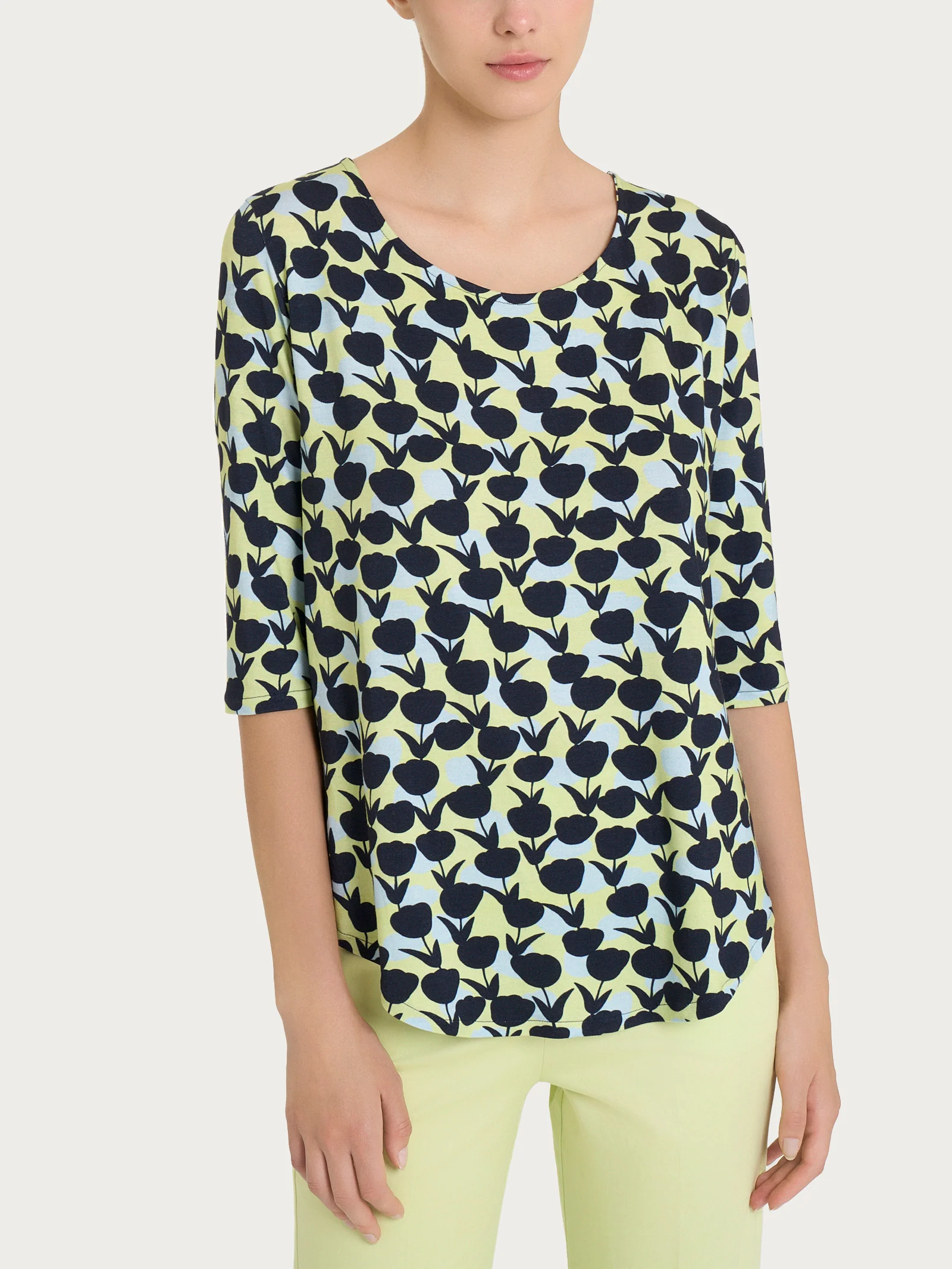Maglietta girocollo con tulips pattern in Viscosa Summer - Fant. Shadow Lime