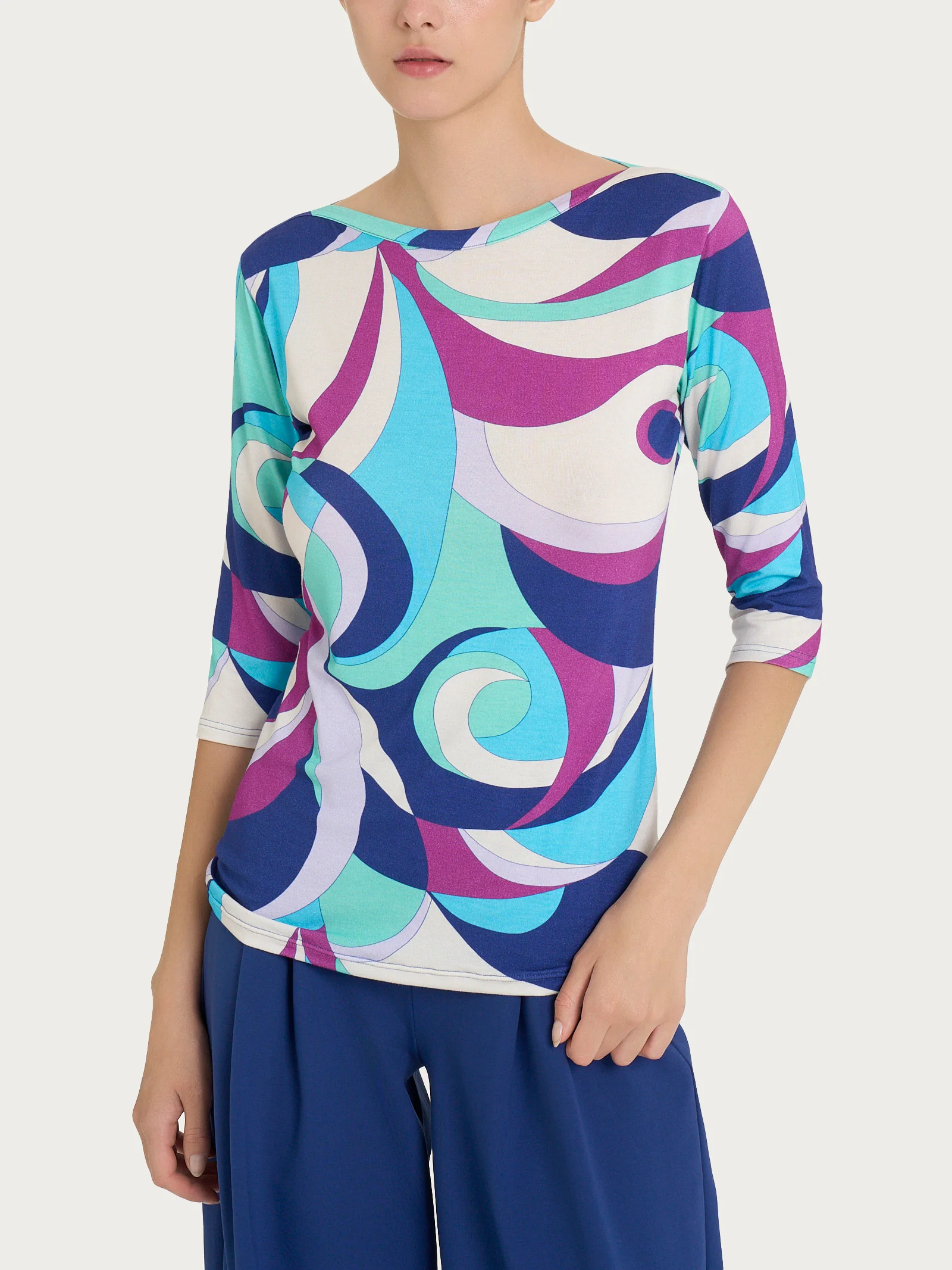 Maglietta girocollo con waves pattern in Viscosa Summer - Fant. Pool Blue