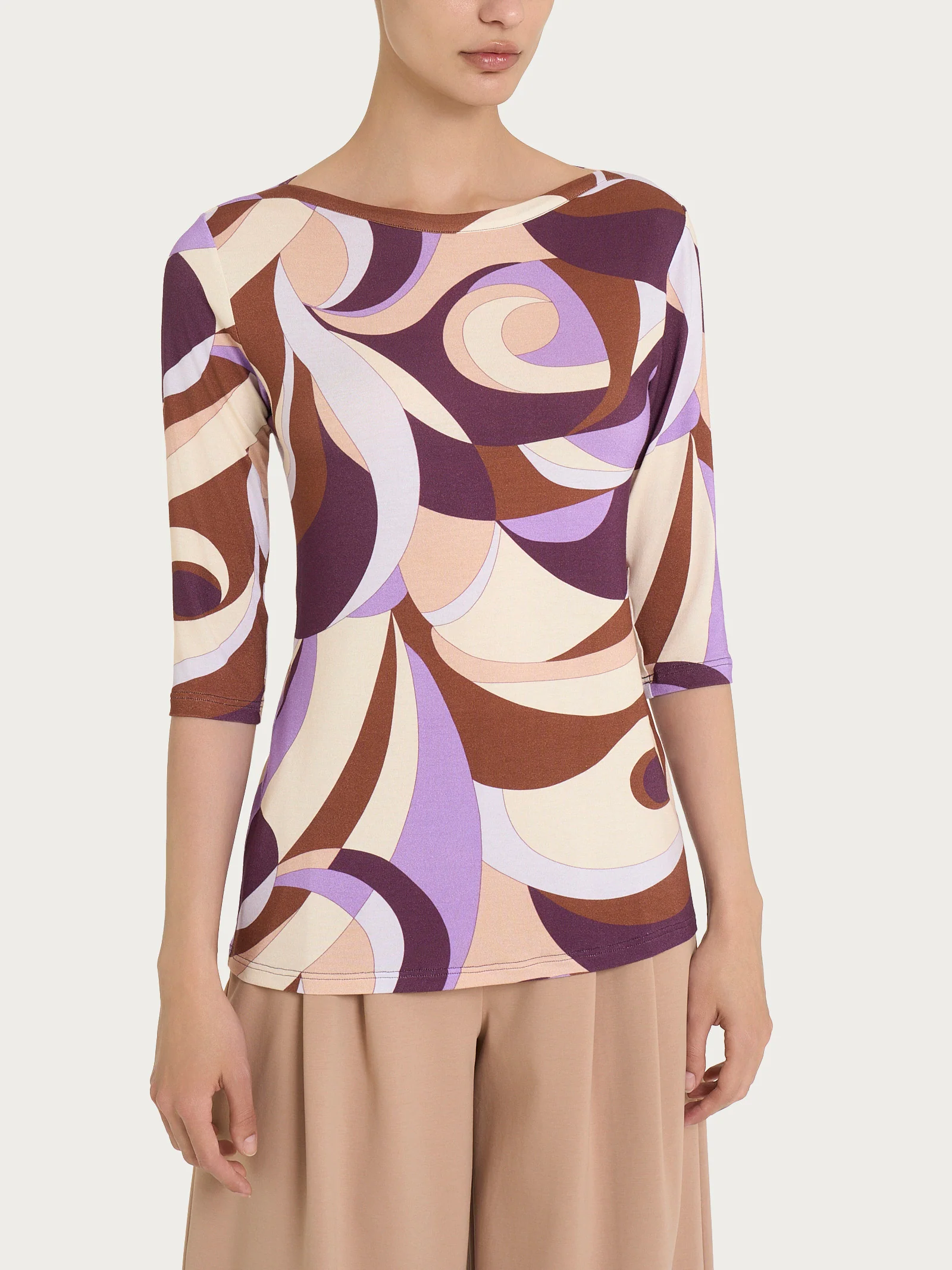 Maglietta girocollo con waves pattern in Viscosa Summer - Fant. Plum Perfect