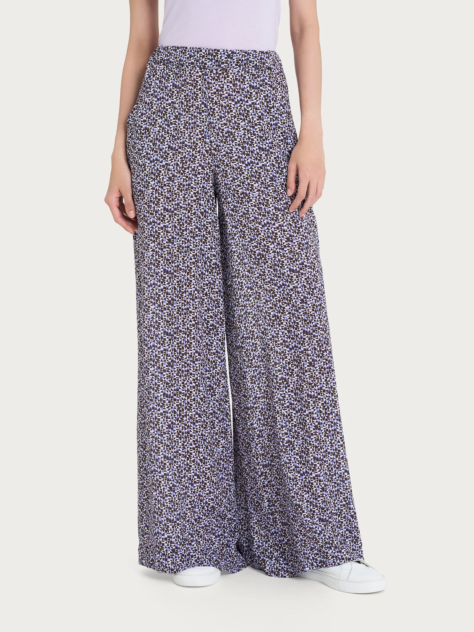 Pantalone a palazzo con tasche e geometic pattern in Ecoseta  - Fant. Thistle